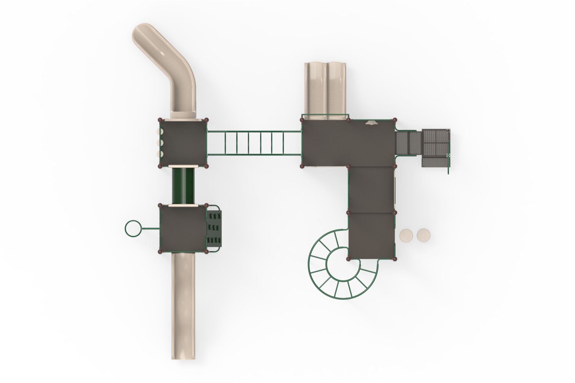 Overhead view of natural-toned triple deck playground with multiple slides, climbers, tunnels, and activity panels
