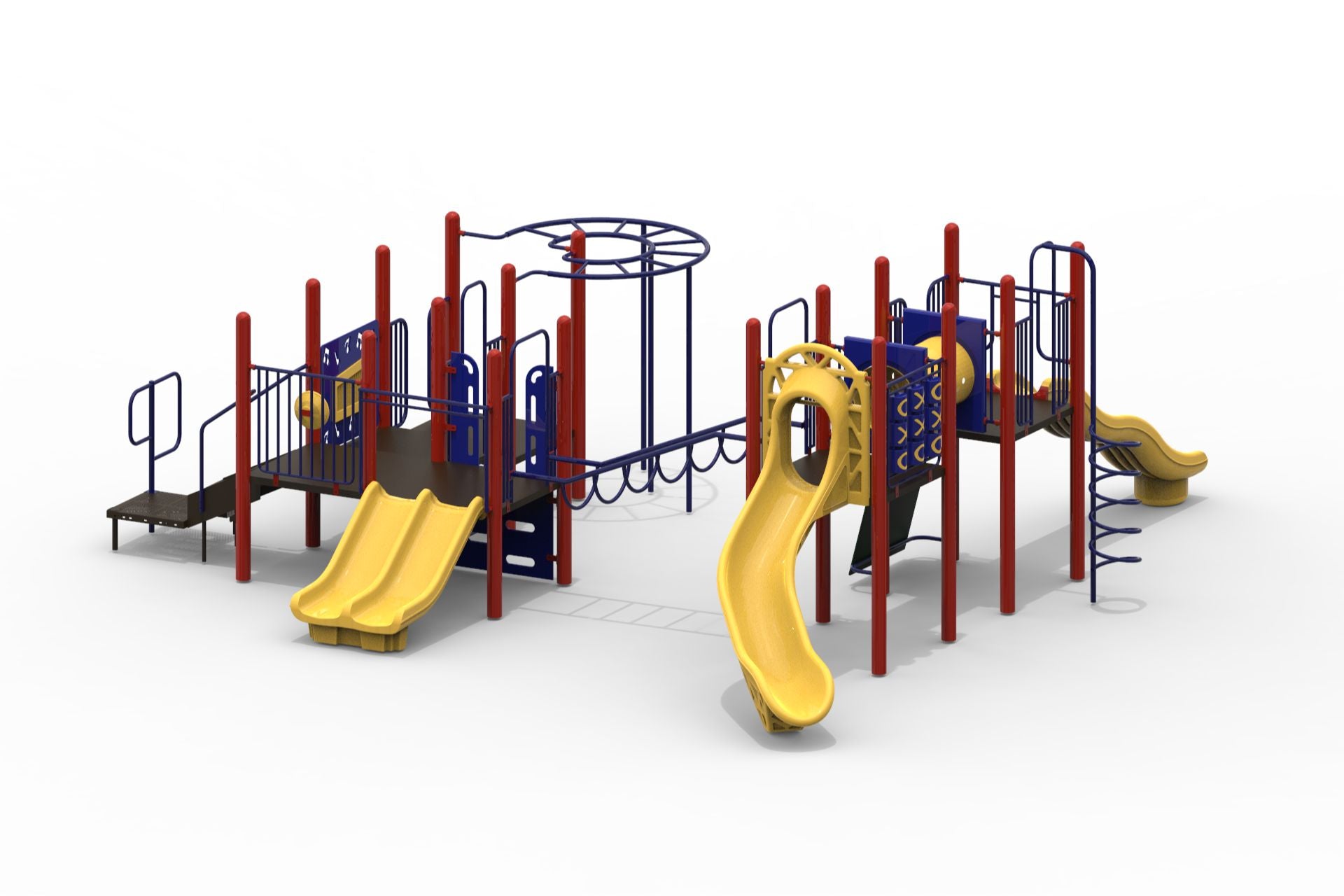 Triple deck playground with yellow bump wave and straight slides, red posts, blue railings, climbing walls, and activity panels