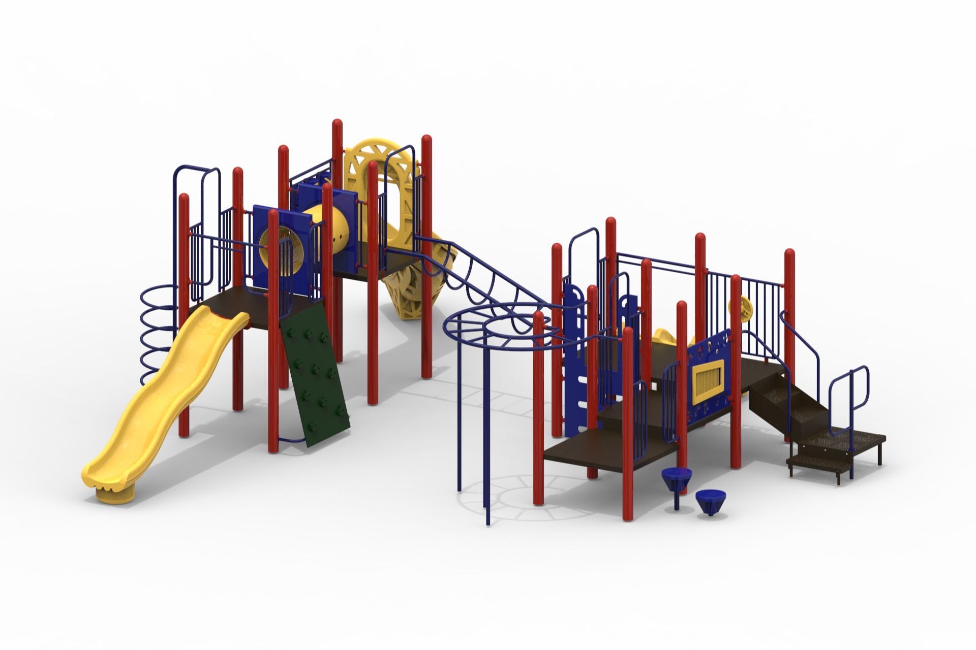 Colorful playground structure with yellow slides, red posts, blue railings, climbing wall, tunnel, and interactive play panels