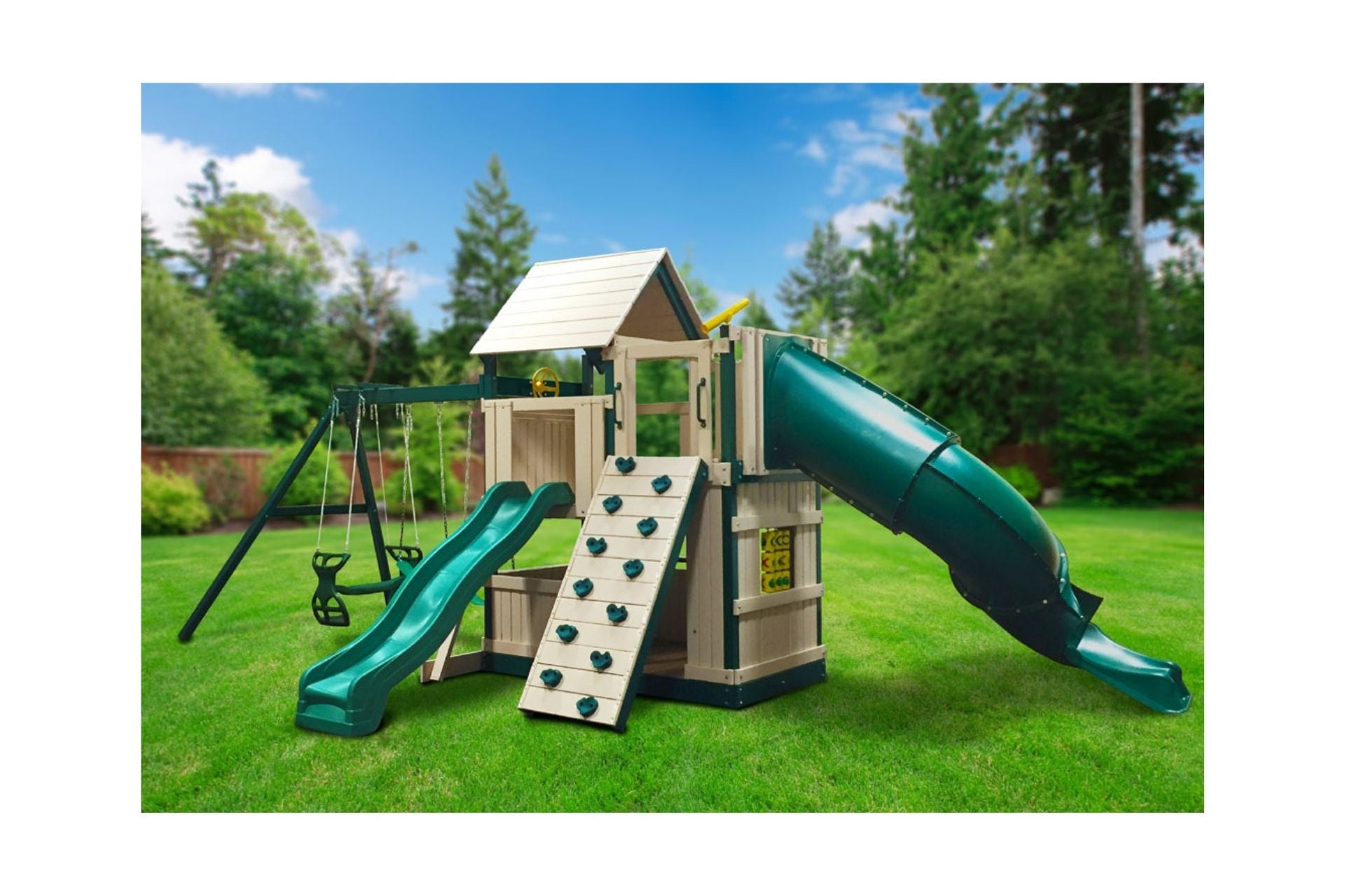 Congo Safari Lookout and Climber Swing Set with wooden frame, two green wonder wave slides, rock climbing wall, swings, trapeze, two-person glider, and play features on grass