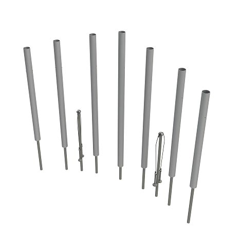 Outdoor contrabass chimes with varied-length metal tubes and attached mallets mounted on steel posts for interactive musical play