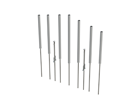 Seven tall anodized aluminum contrabass chimes arranged in a horseshoe shape with attached mallets for outdoor musical play