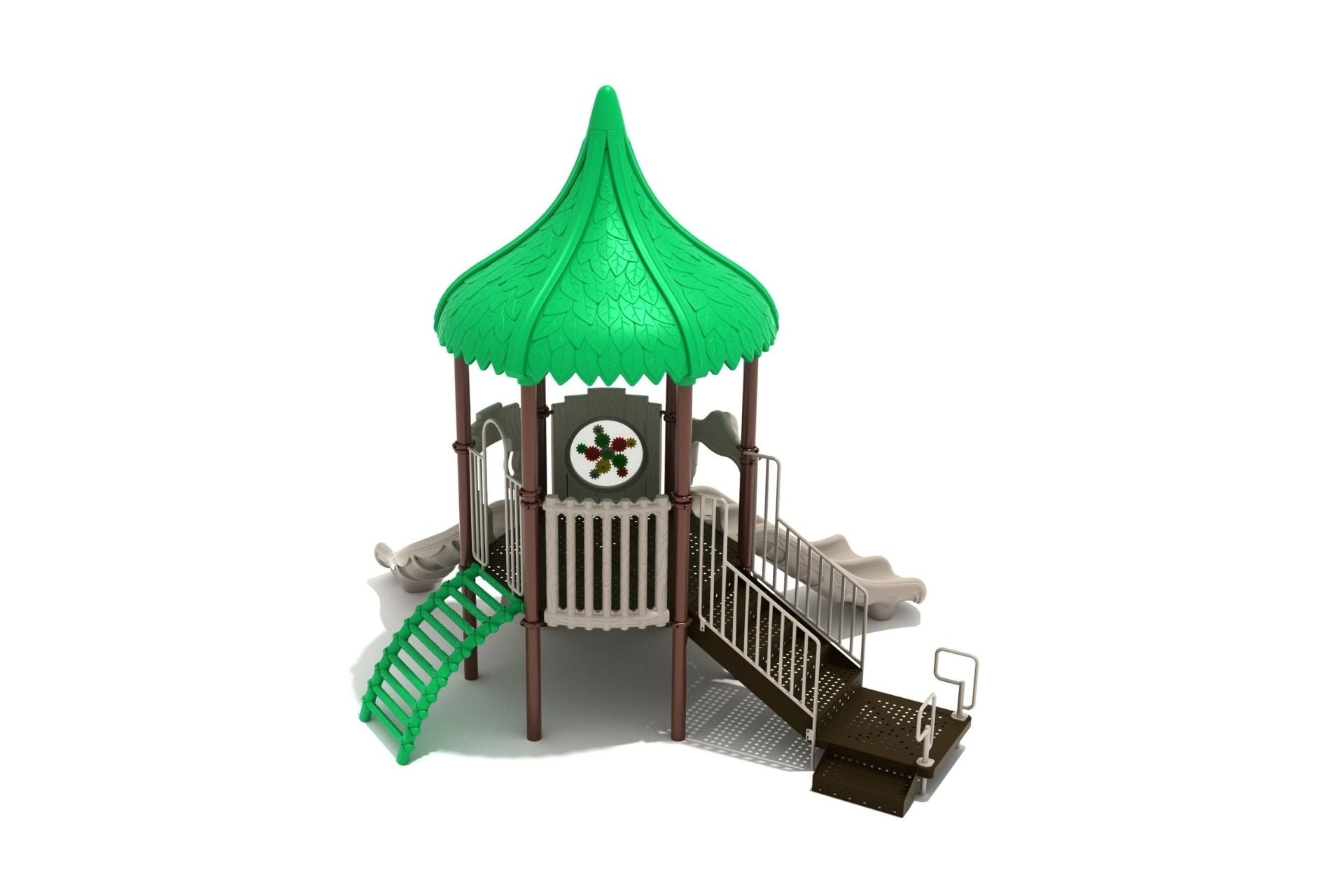 Cougar Corral Playground with green hex bulb roof, hexagon deck, stairs, right turn and double slides, colorful gear panel, and stump window panel