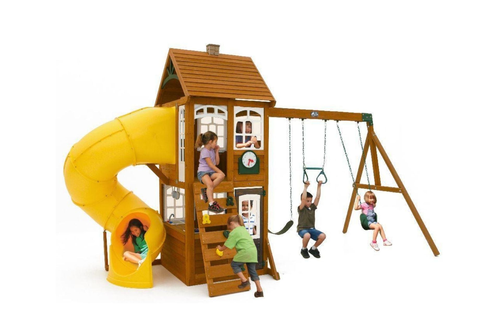 Wooden playset with yellow twist tube slide, two belt swings, climbing wall, acro bar, and children playing