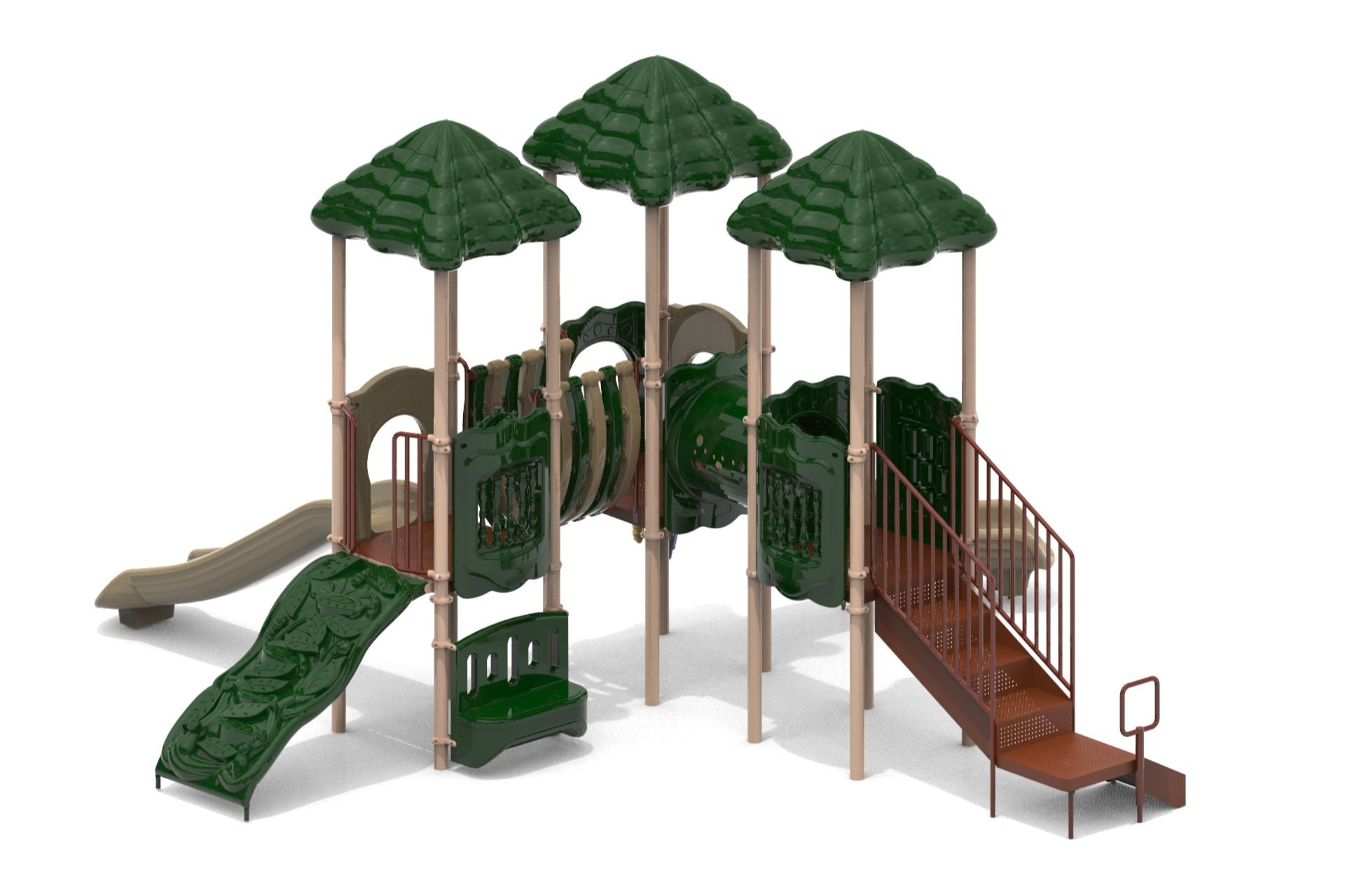 Triple-roofed playground with green leaf-patterned roofs, slides, climbing wall, and connecting tunnel for active play and exploration