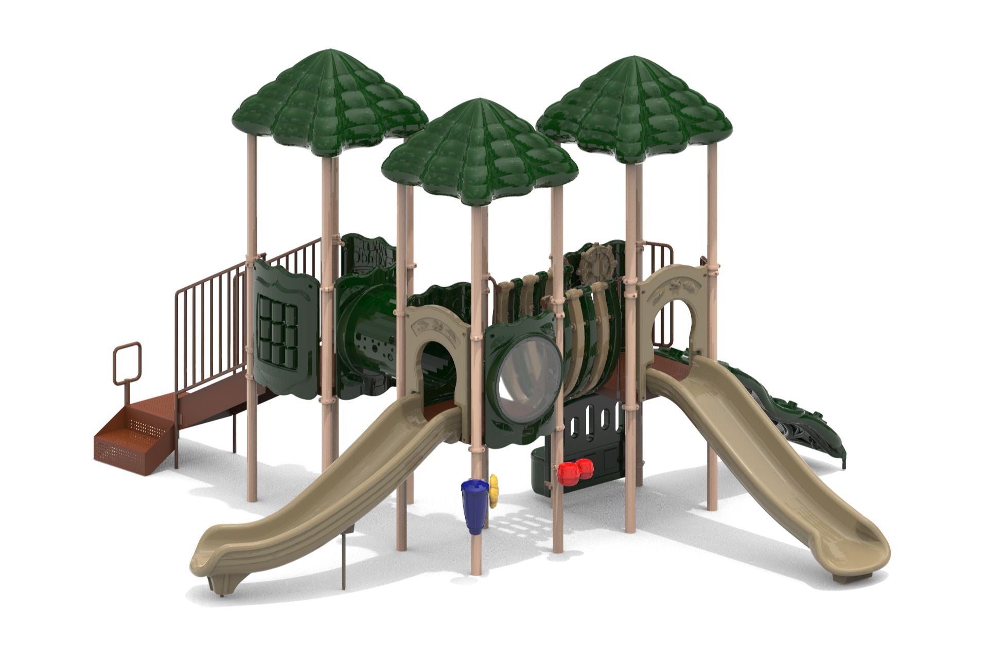 Triple-roofed natural-colored playground with slides, climbing tunnel, interactive panels, and bone bridge play features