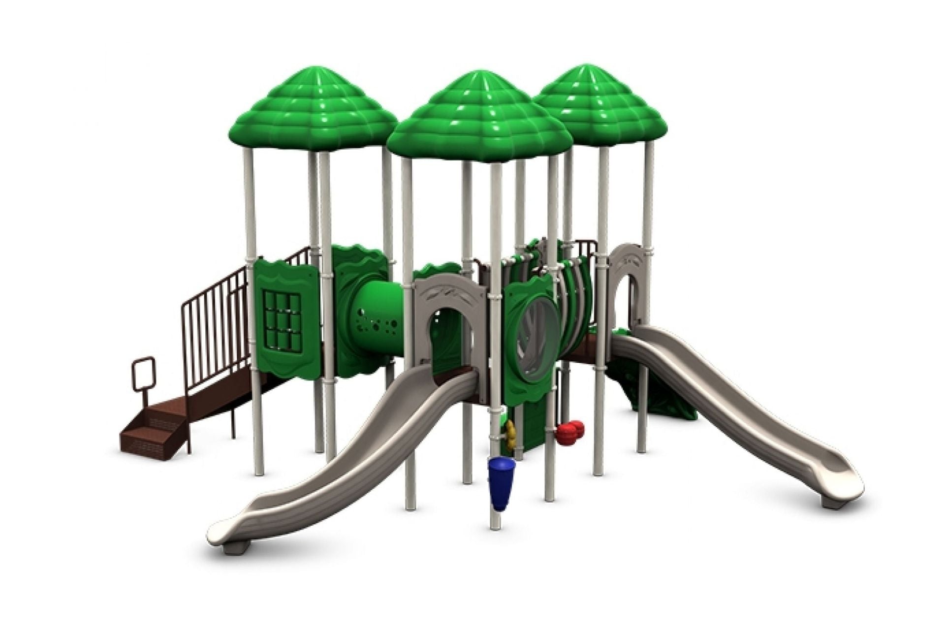 Multi-level playground with three green roofs, slides, climbing elements, and interactive panels in green and gray tones.