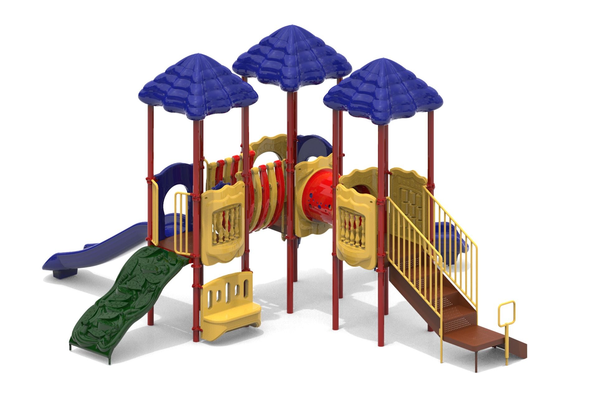 Colorful playground structure with three blue roofs, red posts, yellow panels, green climbing ramp, and slides