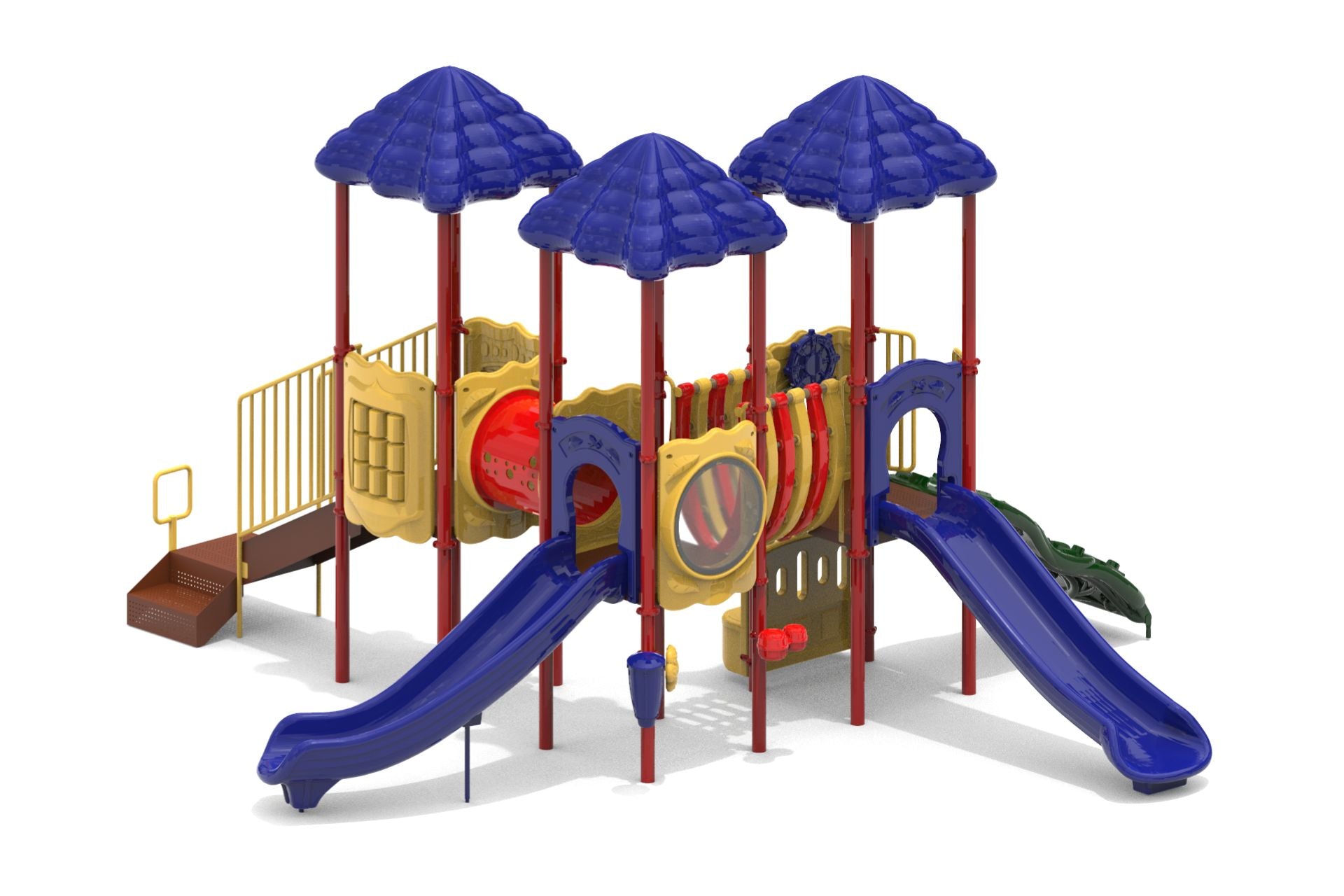 Cumberland Gap Play System with triple blue roofs, red and yellow climbers, blue slides, and interactive panels in playful colors
