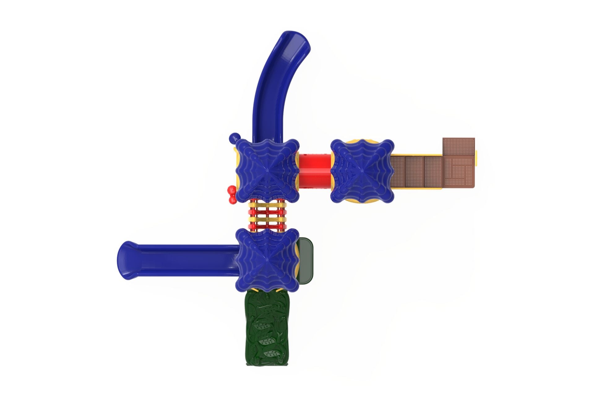 Overhead view of a multi-roofed playground with three blue roofs, slides, climbing bridge, and interactive play panels