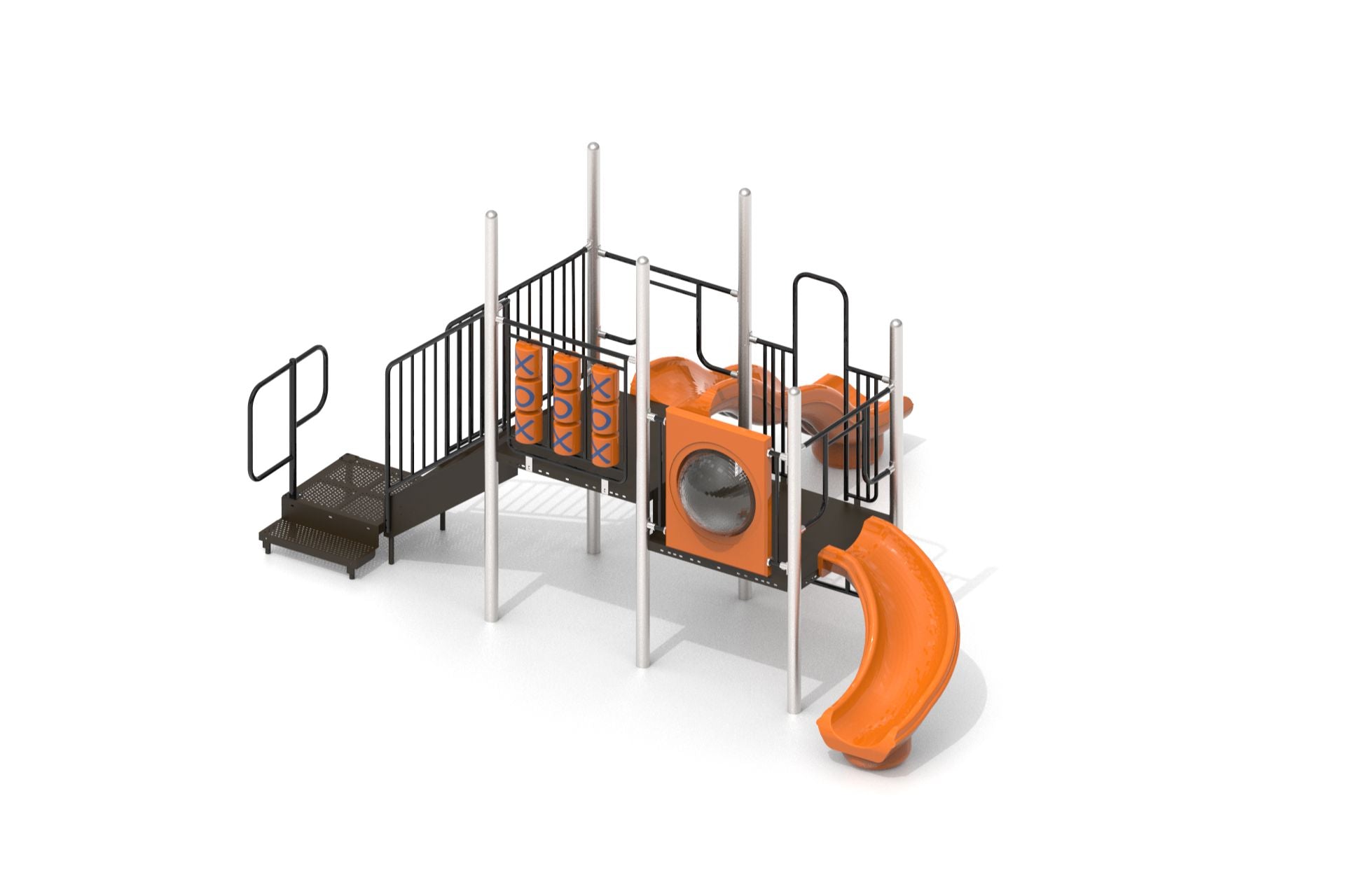 Playground structure with two square decks, orange curved and wave slides, tic tac toe and bubble panels, vertical climber, and metal railings
