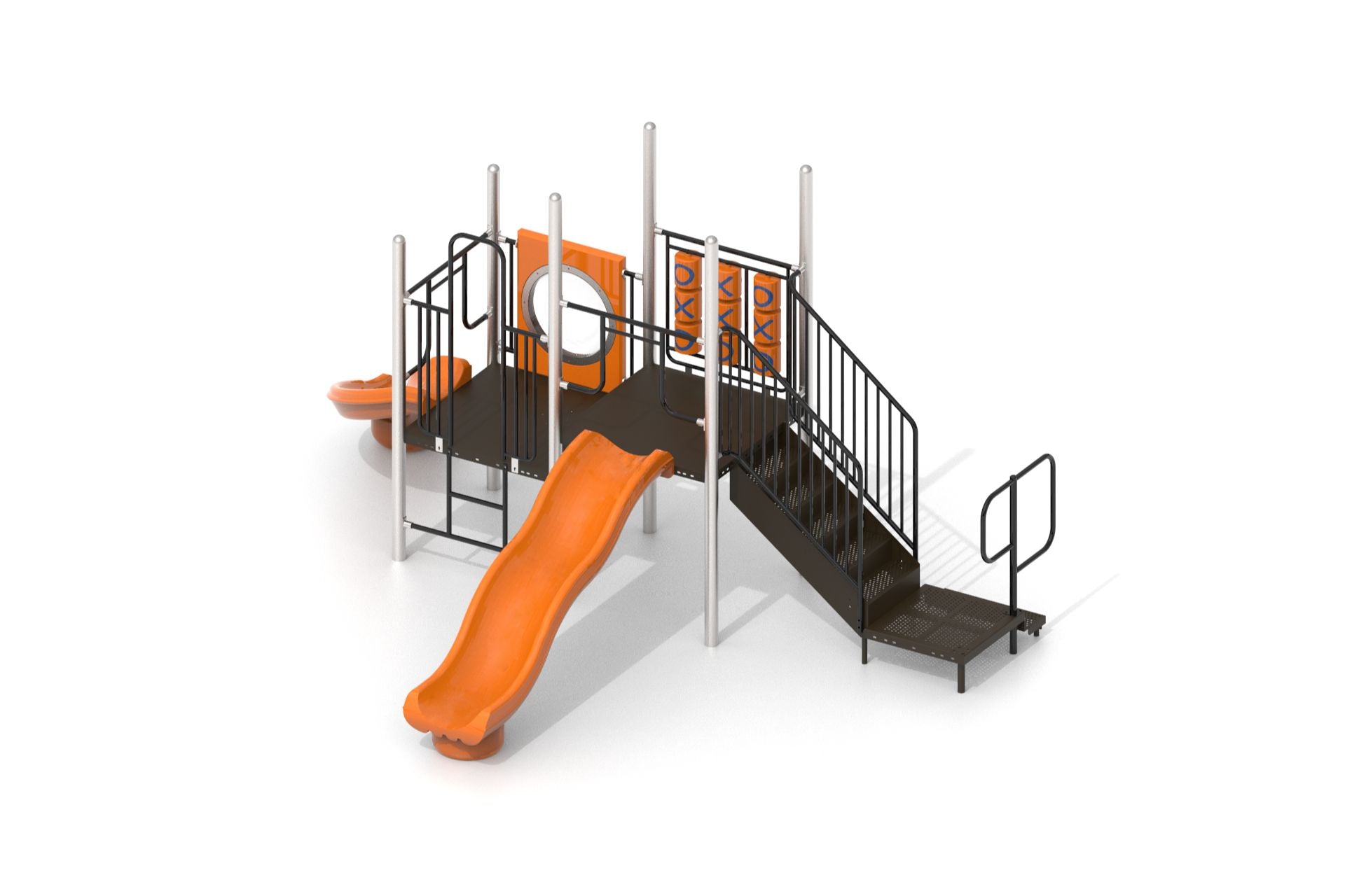 Playground structure with orange bump wave slide, tic tac toe panel, bubble panel, stairs, and vertical climber