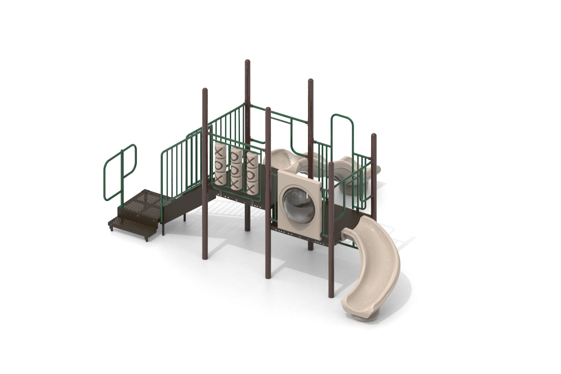 Elevated playground structure with two decks, tic tac toe and bubble panels, curved and straight slides, and vertical climber