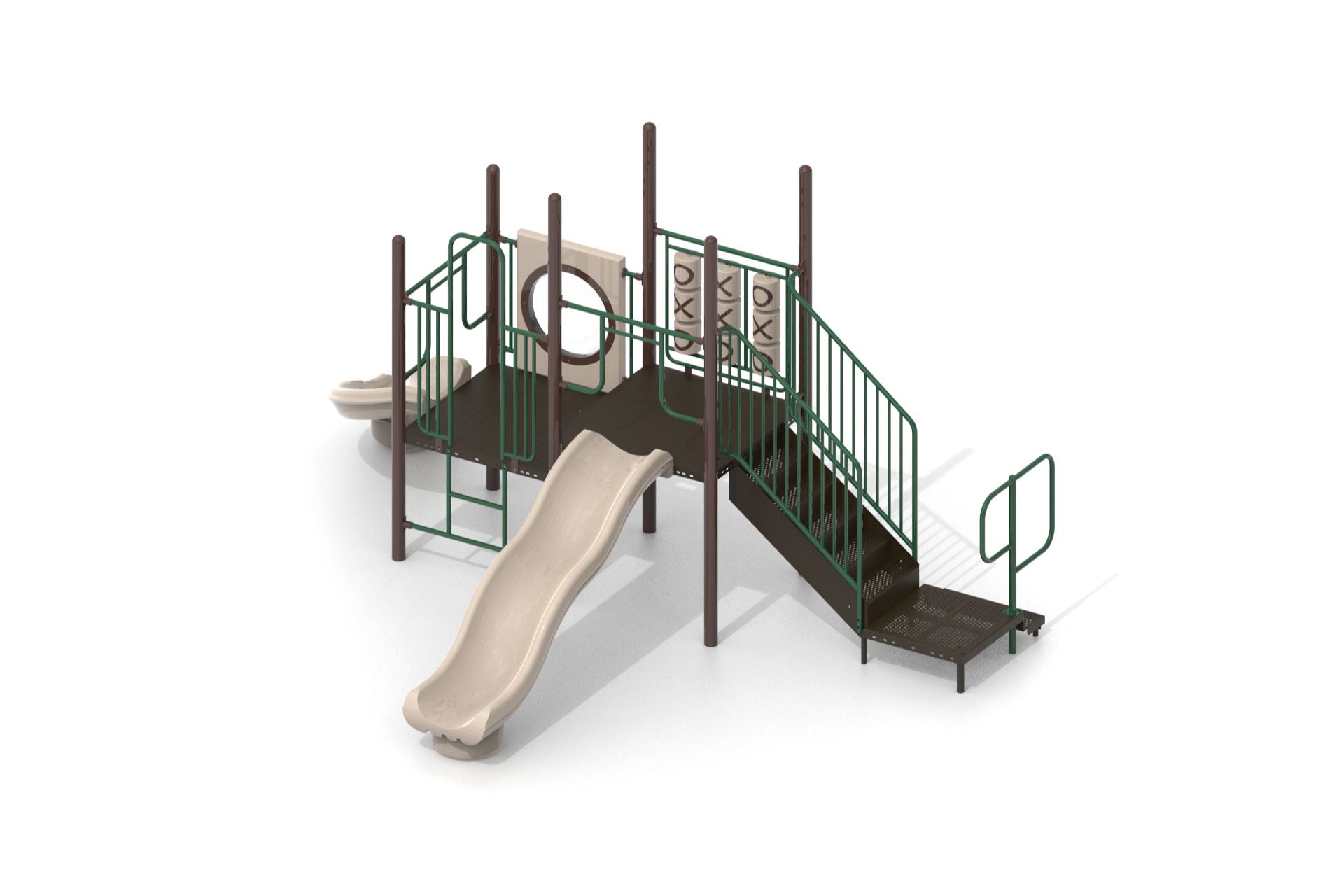 Cuyahoga WillyGoat Playground with beige slides, green railings, tic tac toe panel, and climbing features on natural play system