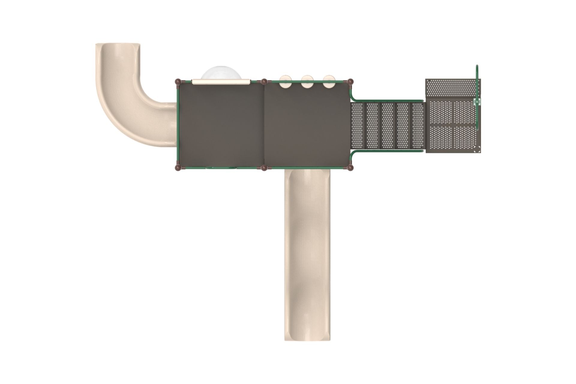 Overhead view of playground system with two square decks, beige slides, climbing steps, bubble and tic tac toe panels