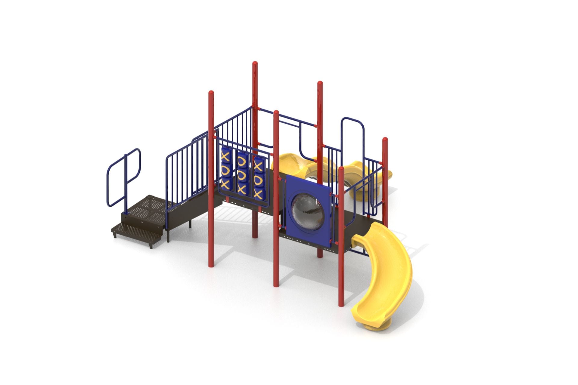 Playground structure with red posts, blue railings, tic tac toe and bubble panels, two yellow slides, and climbing features