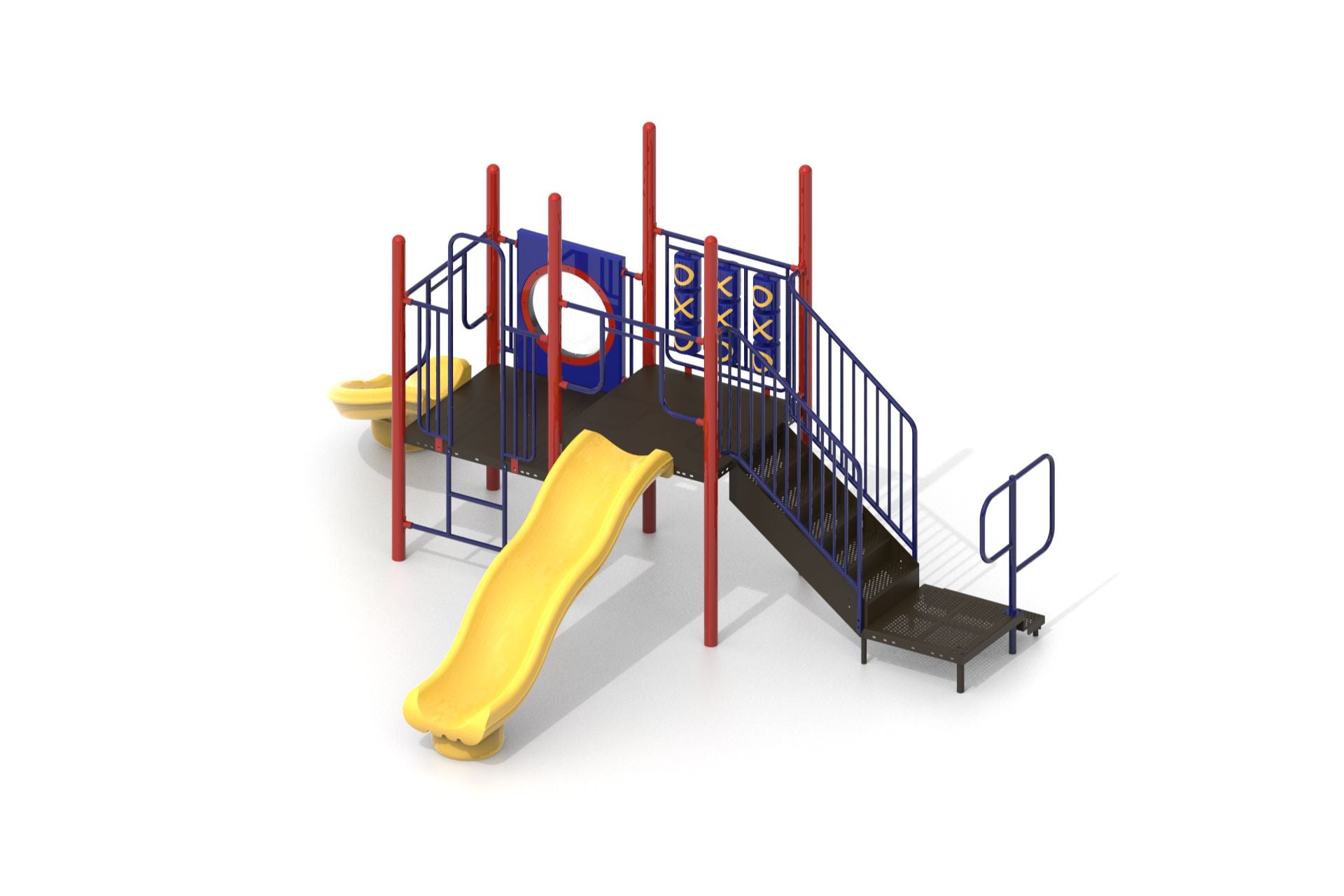 Playground structure with red posts, blue railings, yellow slides, tic tac toe panel, bubble panel, and climbing features