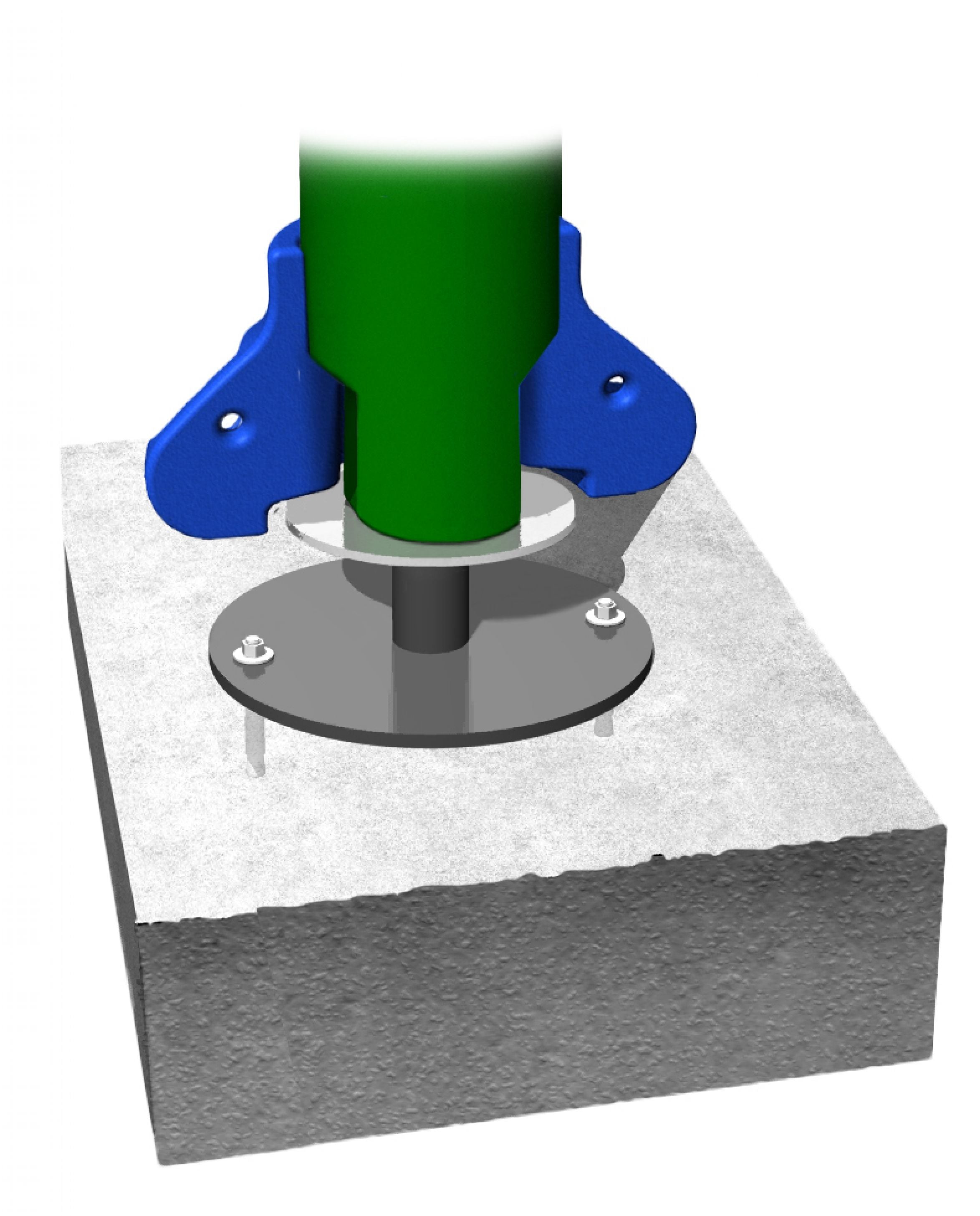 Green playground post secured to concrete block with blue metal bracket and anchor bolts for surface mounting system