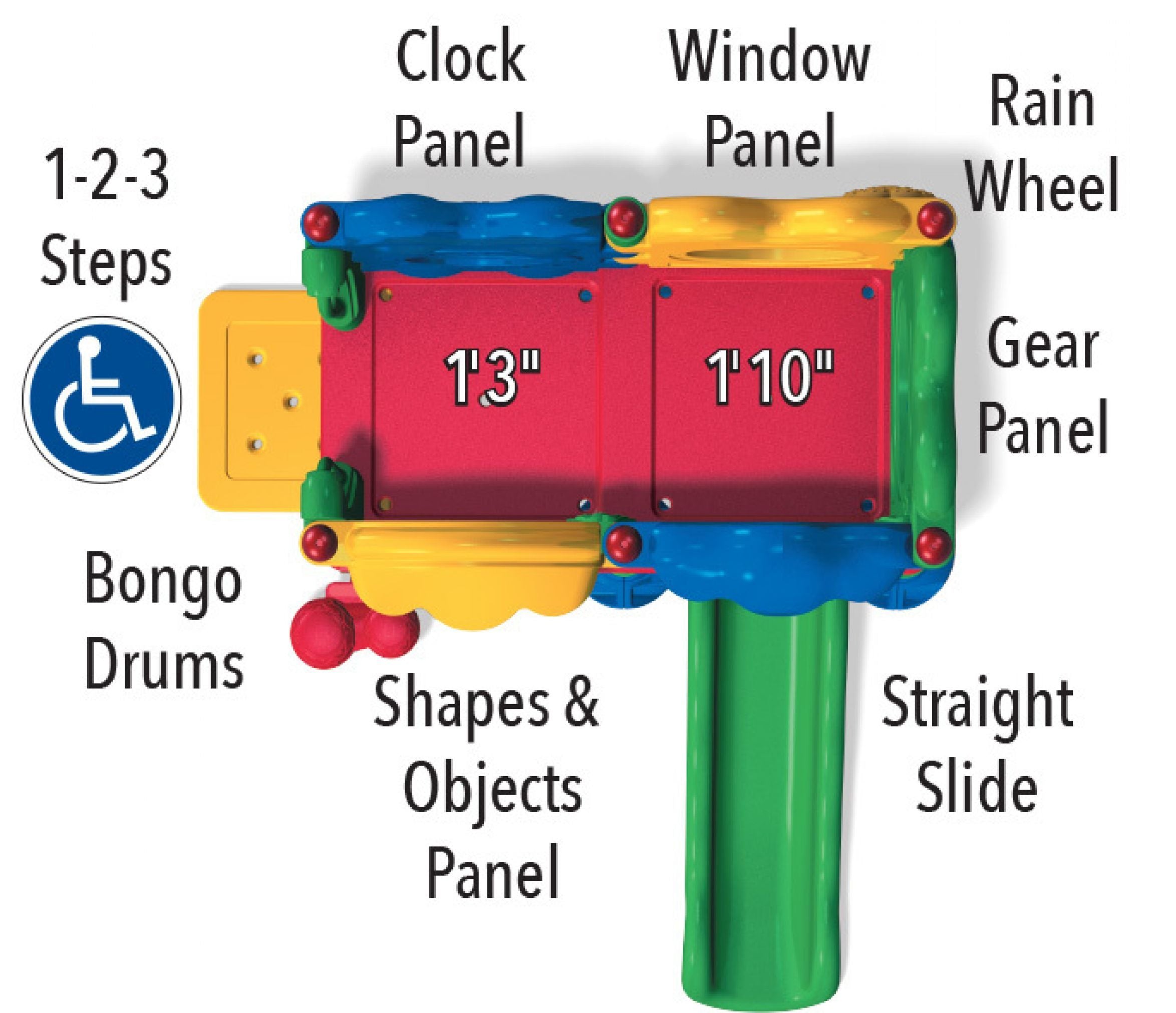 Overhead view of colorful toddler playground with interactive panels, bongo drums, steps, and a straight slide