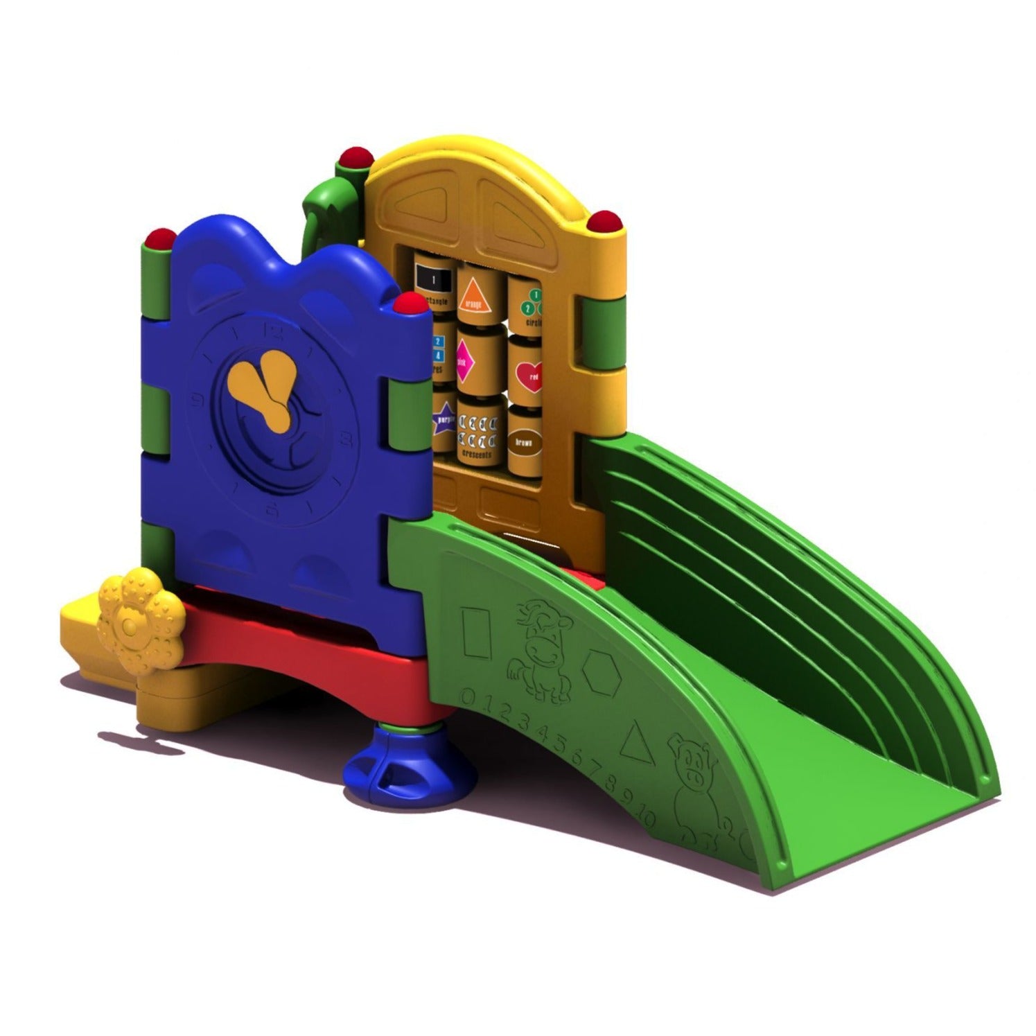 Colorful toddler playset with green ramp engraved with animals, shapes, ABCs, numbers, blue clock panel, and spinning blocks