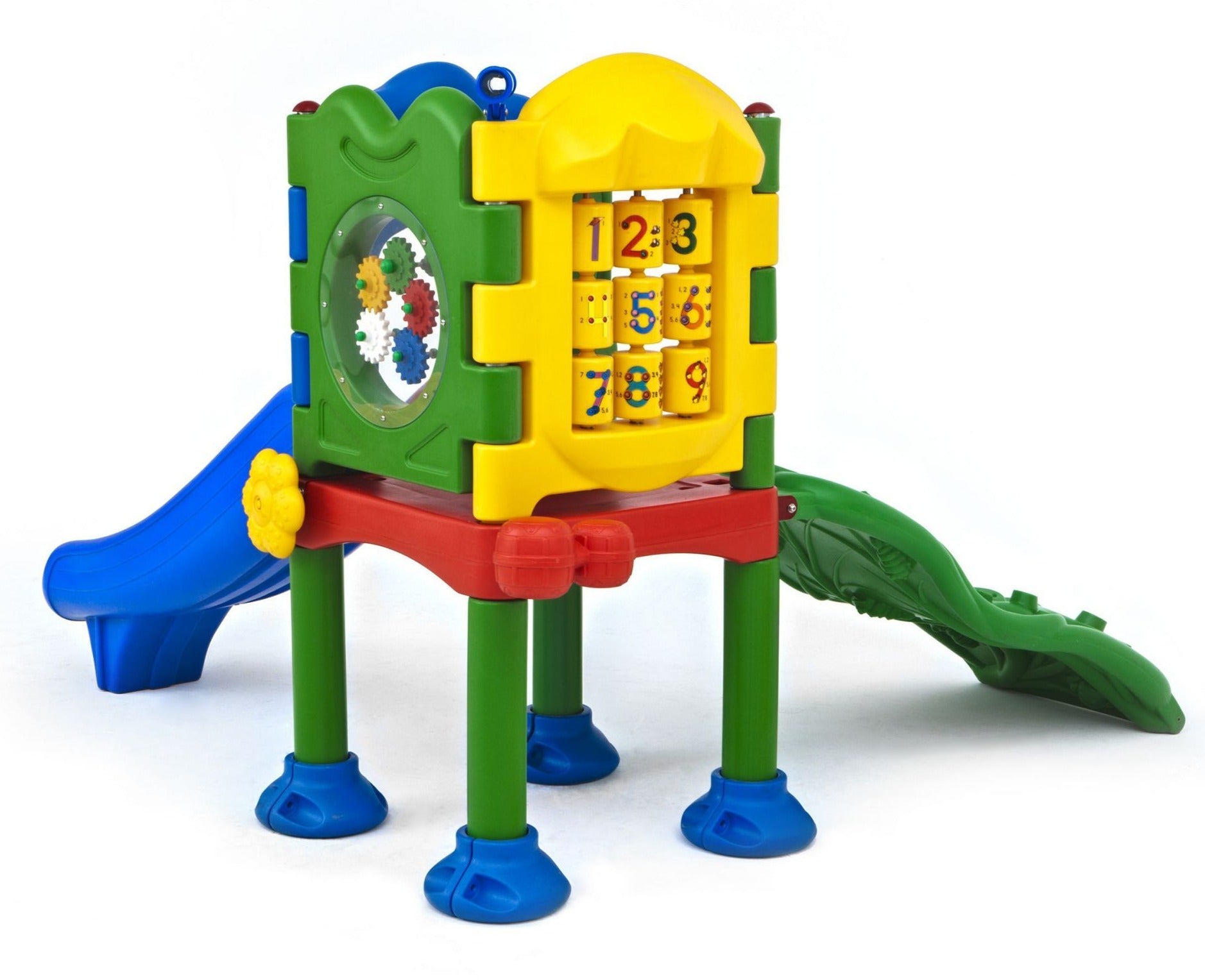 Colorful children's play structure with slide, climbing ramp, spinning number blocks, and gear panel on elevated legs