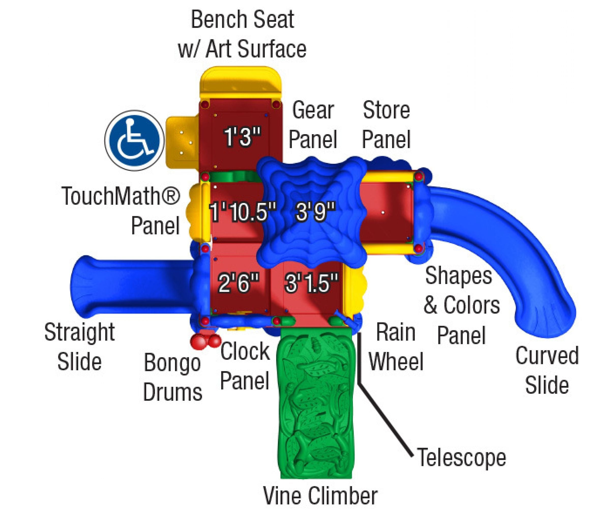 Overhead view of colorful playground structure with slides, panels, bongo drums, telescope, and vine climber