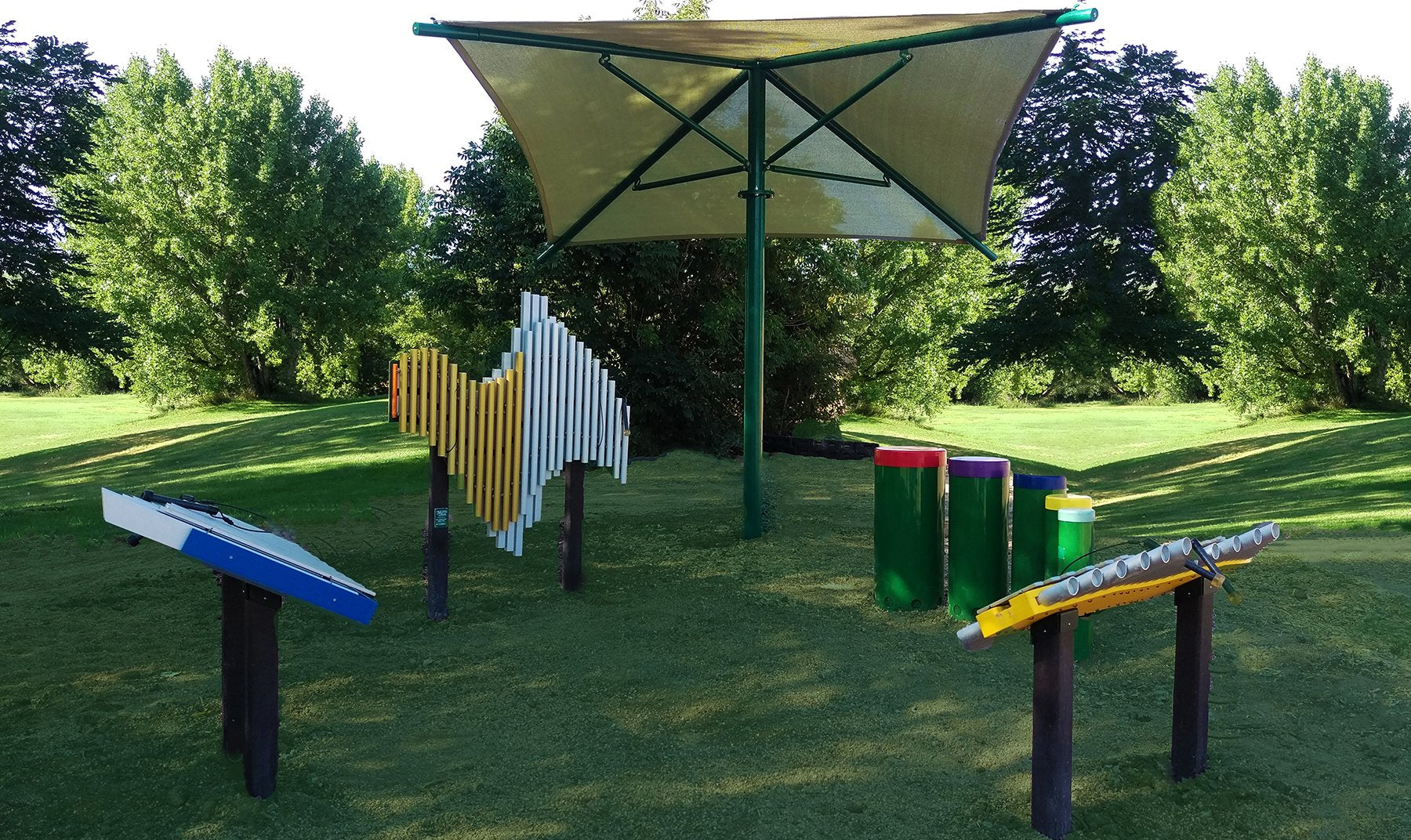 Deluxe Collection Outdoor Musical Park Instrument with colorful tuned drums, xylophone, metal pipes, and shade in green park setting