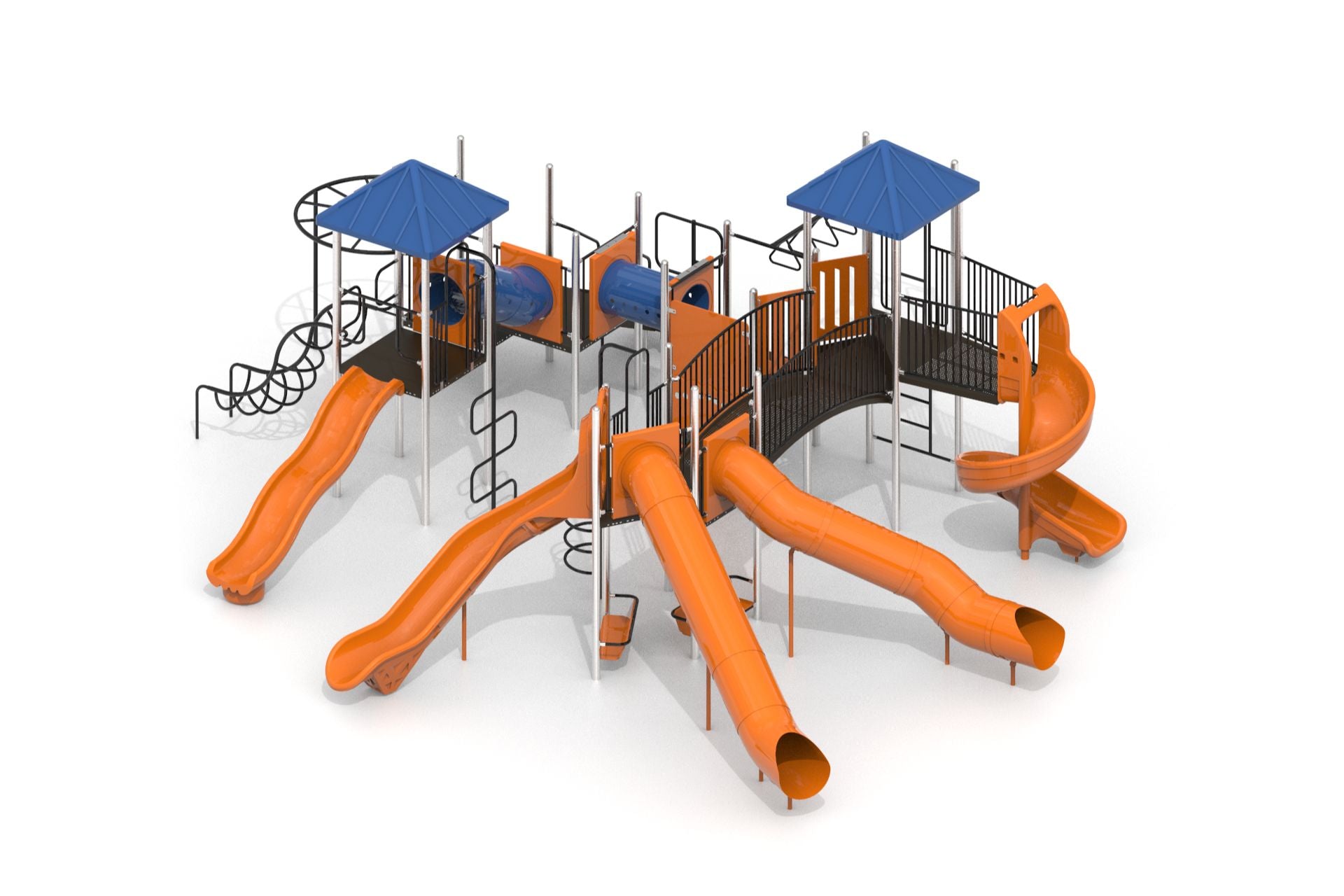 WillyGoat commercial playground with orange tube and spiral slides, blue roofs, crawl tunnels, bridge, and various climbers.