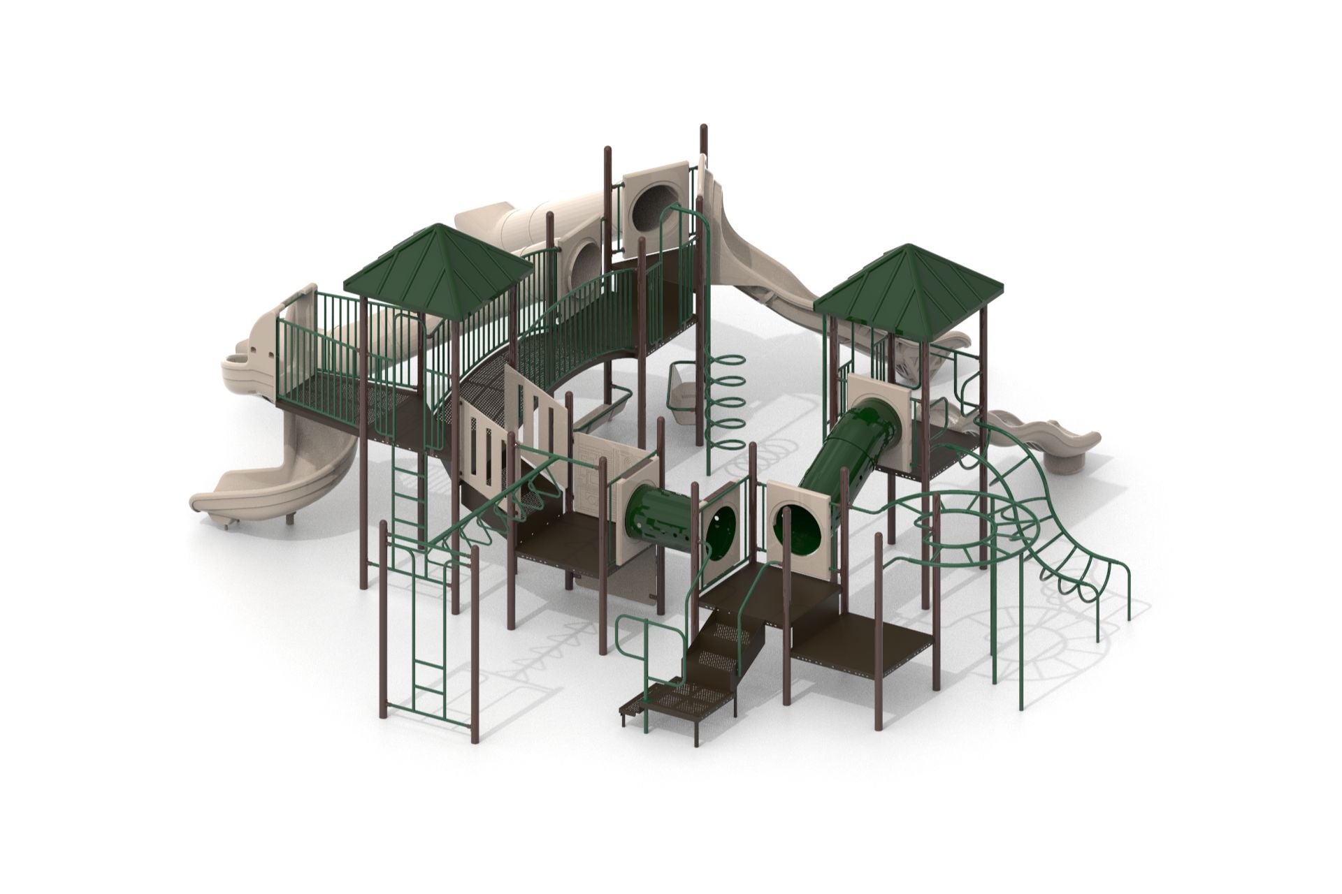 Large outdoor commercial playground with green roofs, tube and spiral slides, bridges, tunnels, and monkey bars in tan/green.