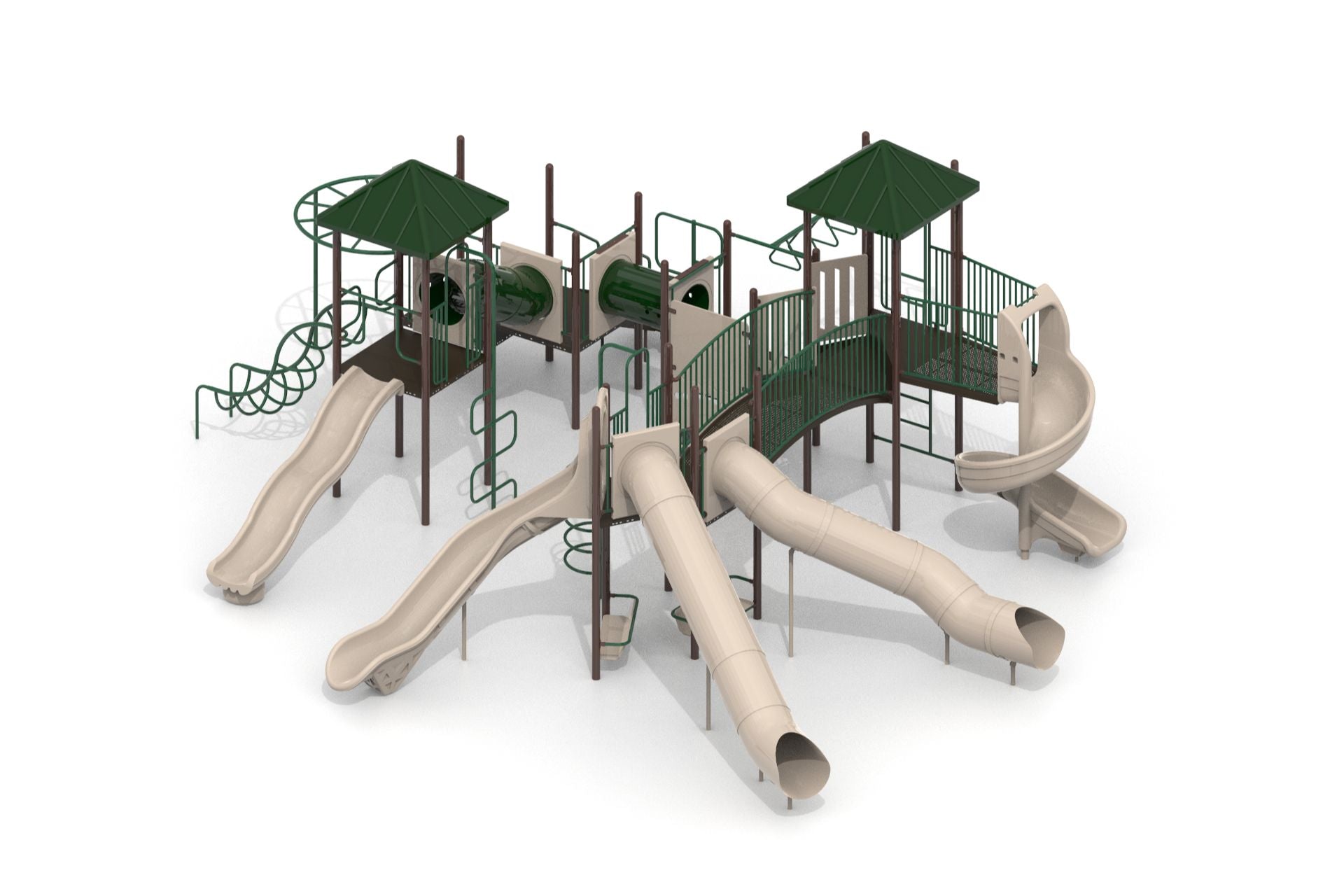Denali WillyGoat Playground with natural-toned climbing structures, green roofs, beige slides, tunnels, bridges, and diverse play elements