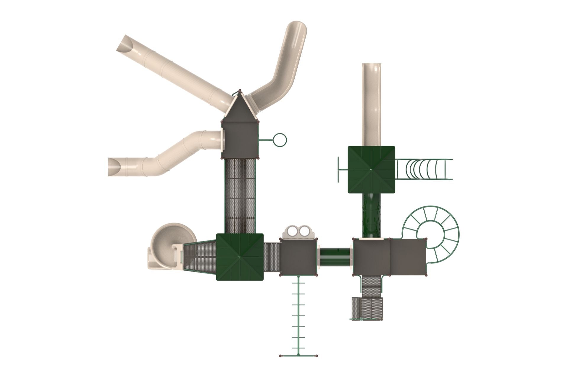 Overhead view of large commercial playground with green roofs, tan tube and spiral slides, tunnels, bridges, and climbers.