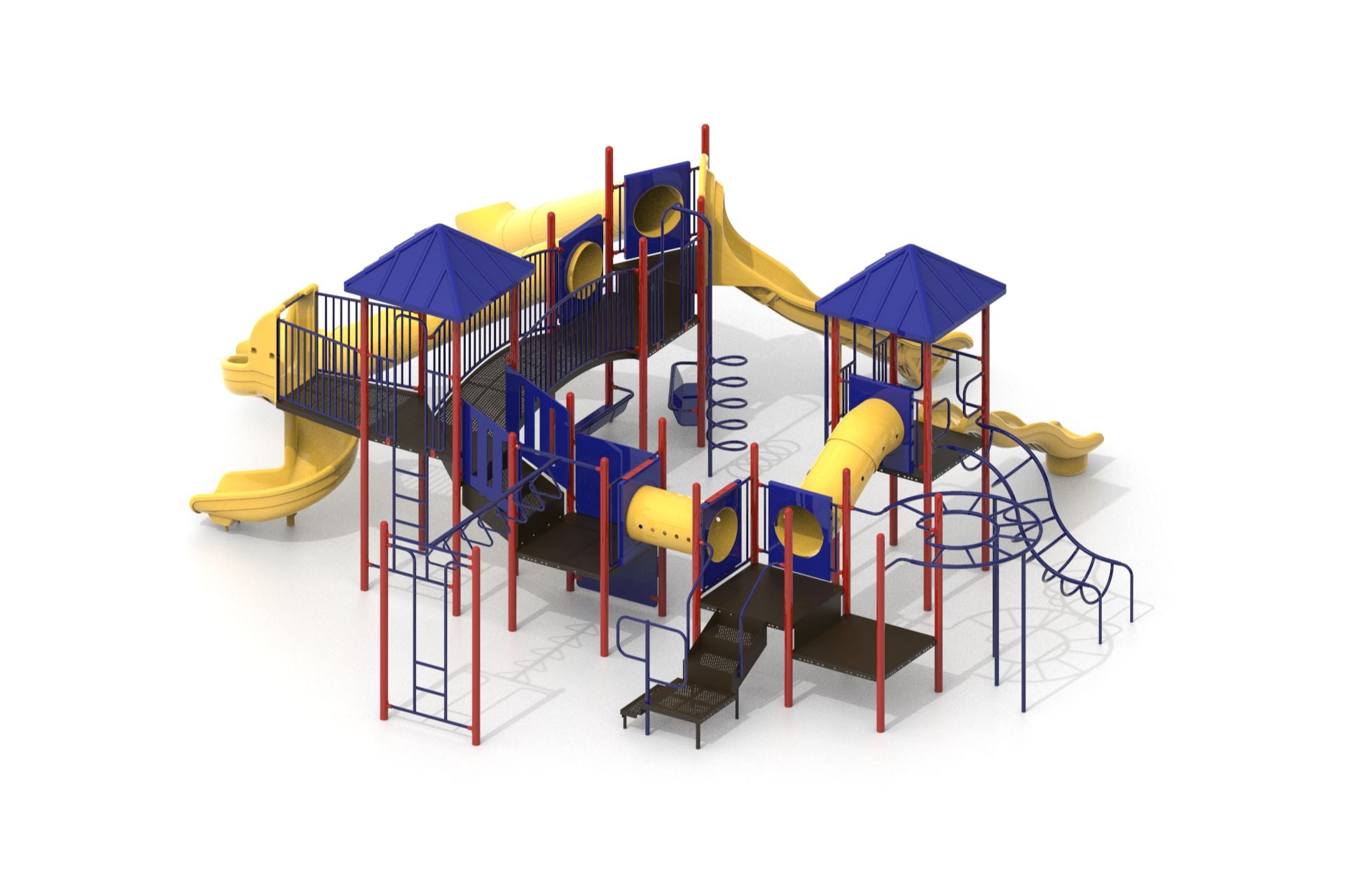Commercial playground system with blue roofs, yellow slides and crawl tunnels, arch bridge, climbers, and monkey bars
