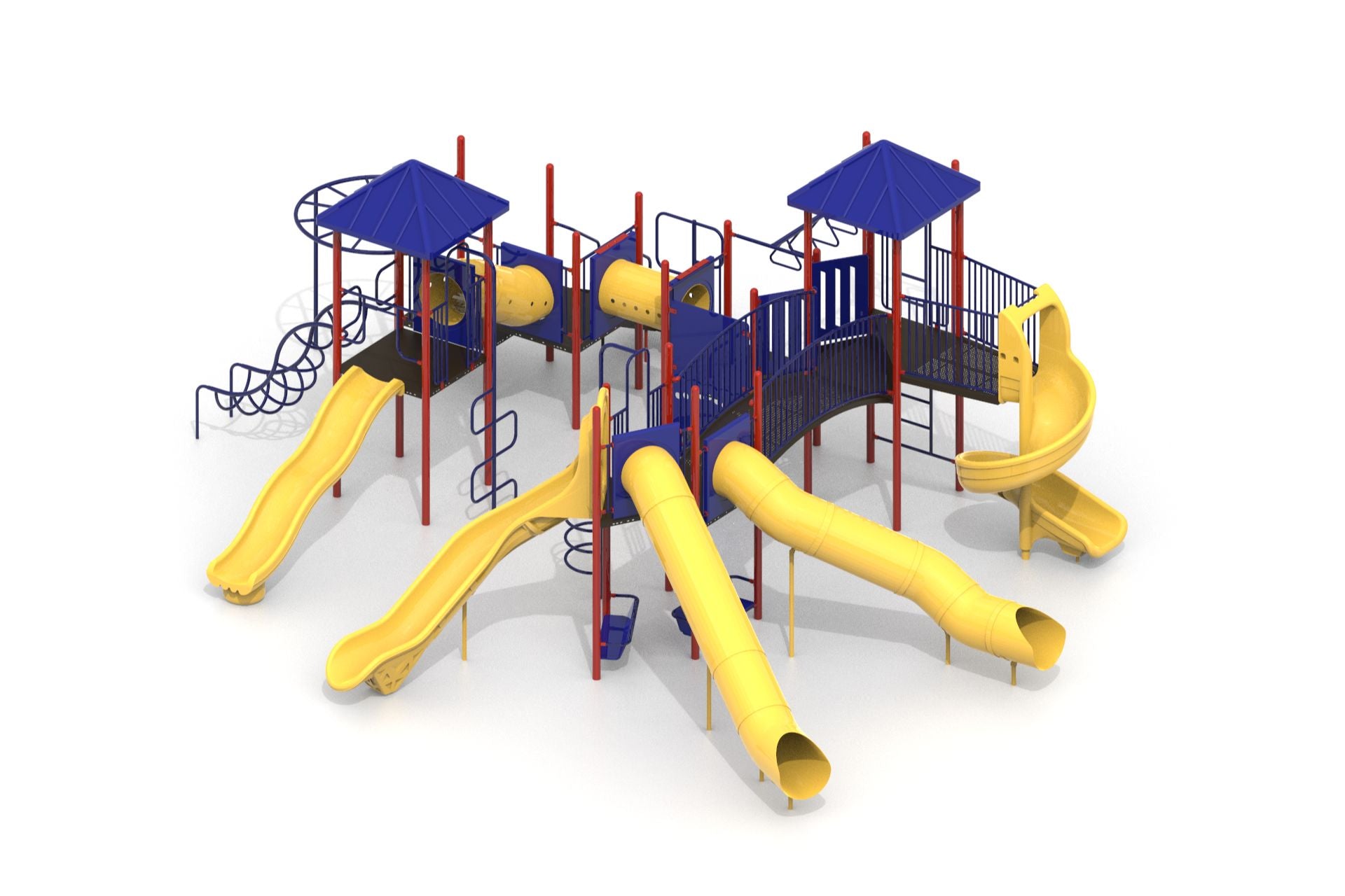 Angled overhead view of a commercial playground with blue roofs, bridge, climbers, tunnels, spiral, wave and tube slides.