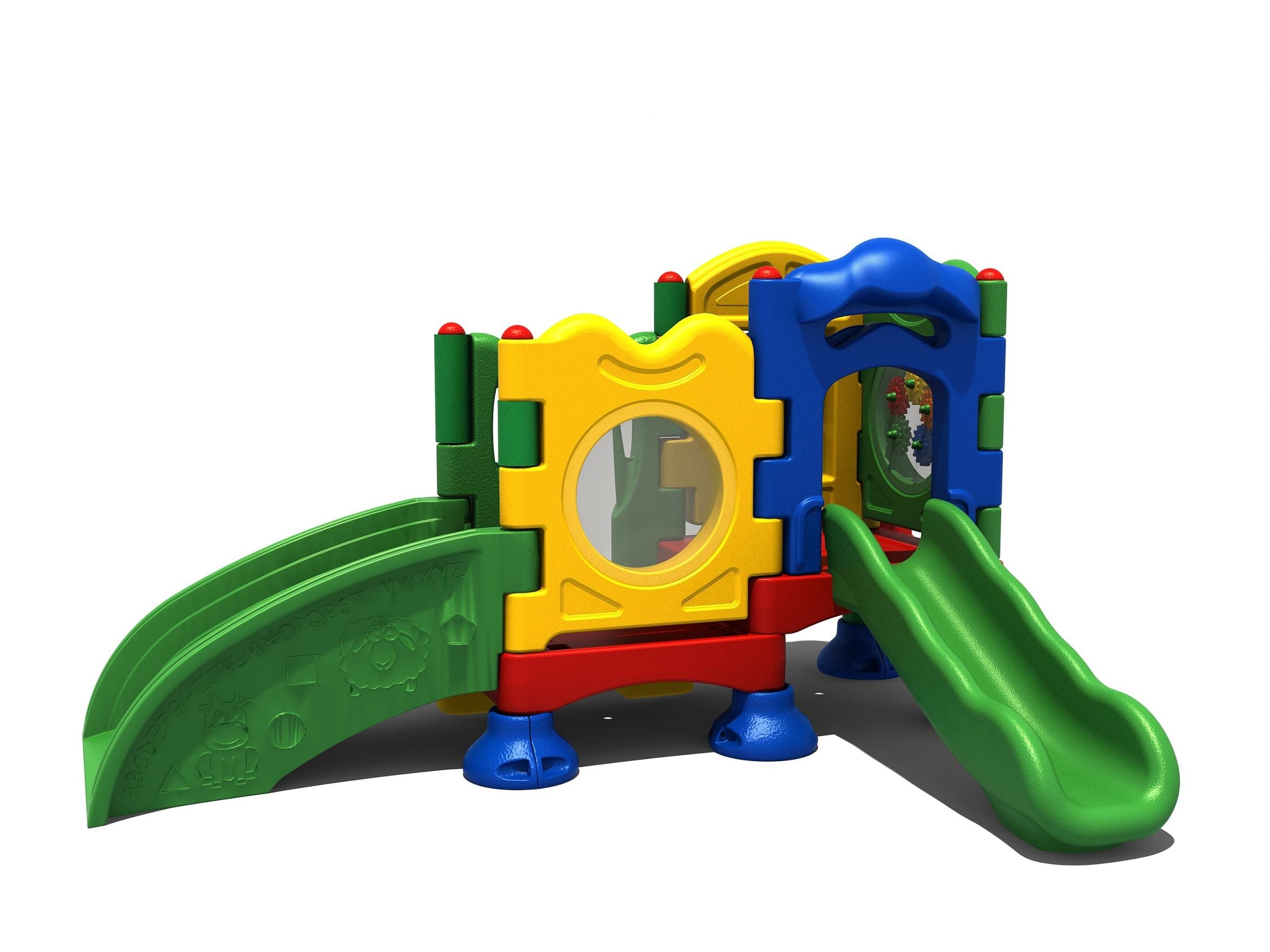 Discovery Center Spring Playground two-deck playset with green slide, ramp, window panel, and interactive gear panel for toddlers
