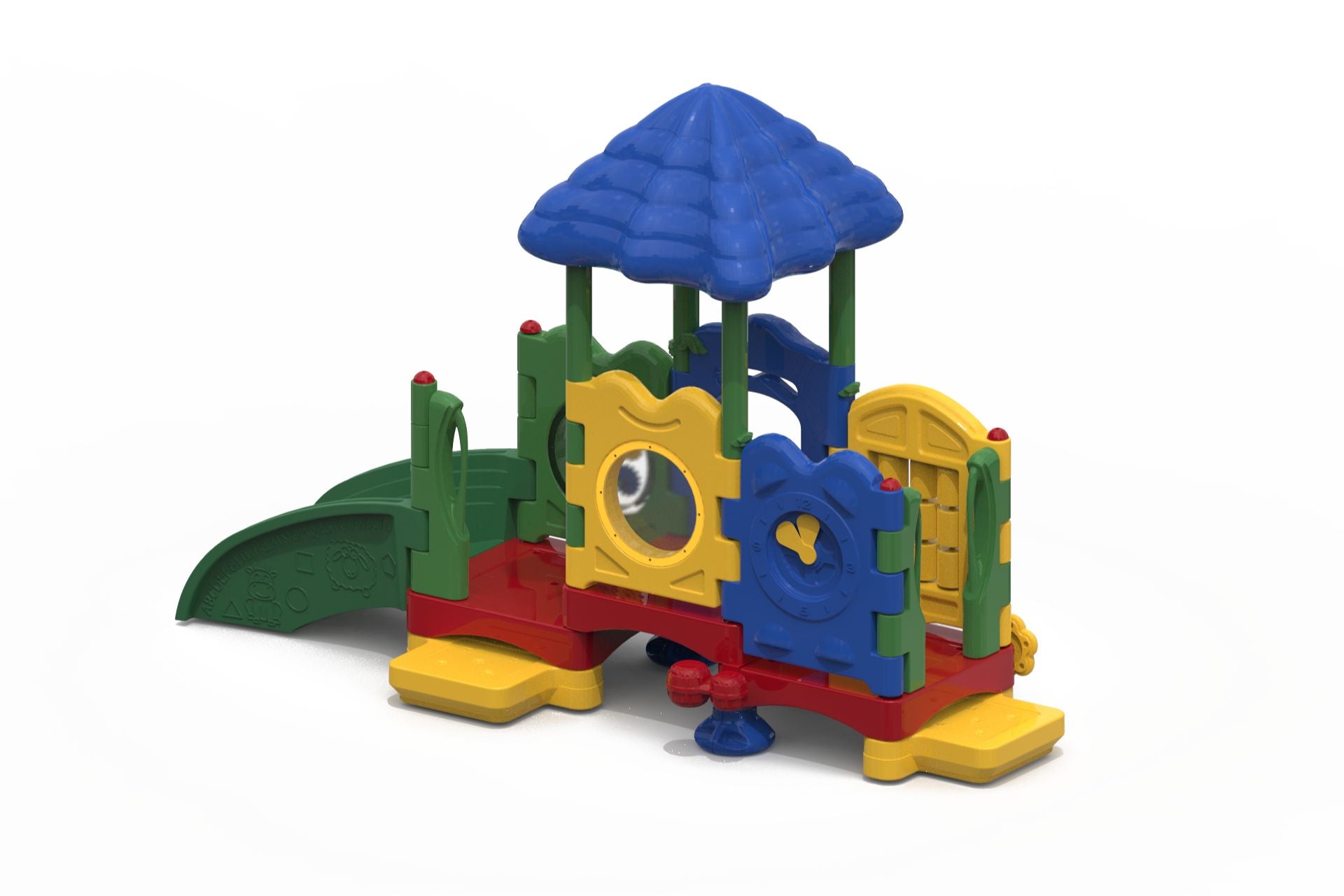 Colorful toddler playground with blue roof, interactive learning panels, small slide, play ramp, and drums.