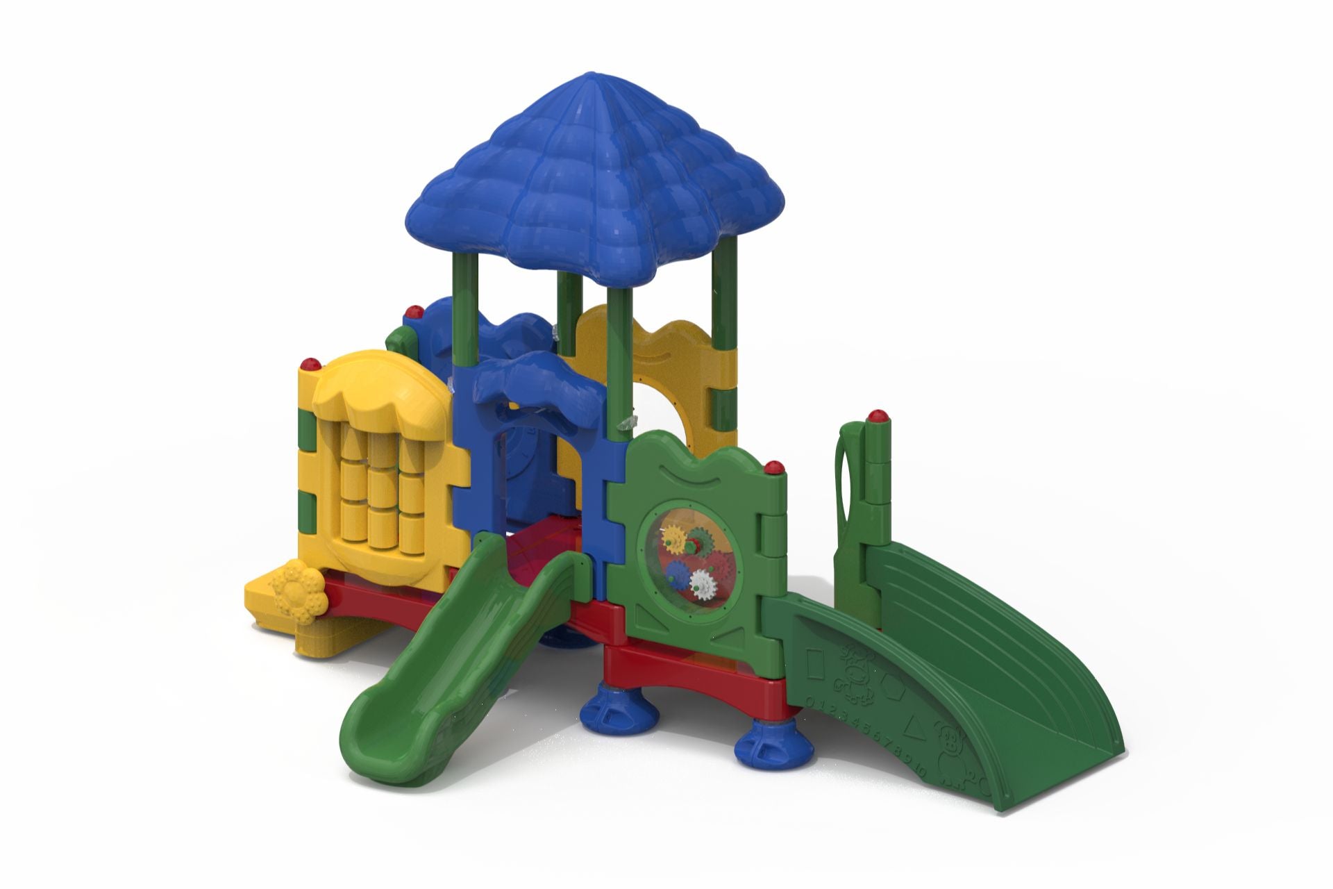 Discovery Center Sapling Playground with colorful slides, interactive panels, drums, and a blue roof for toddlers in a daycare setting