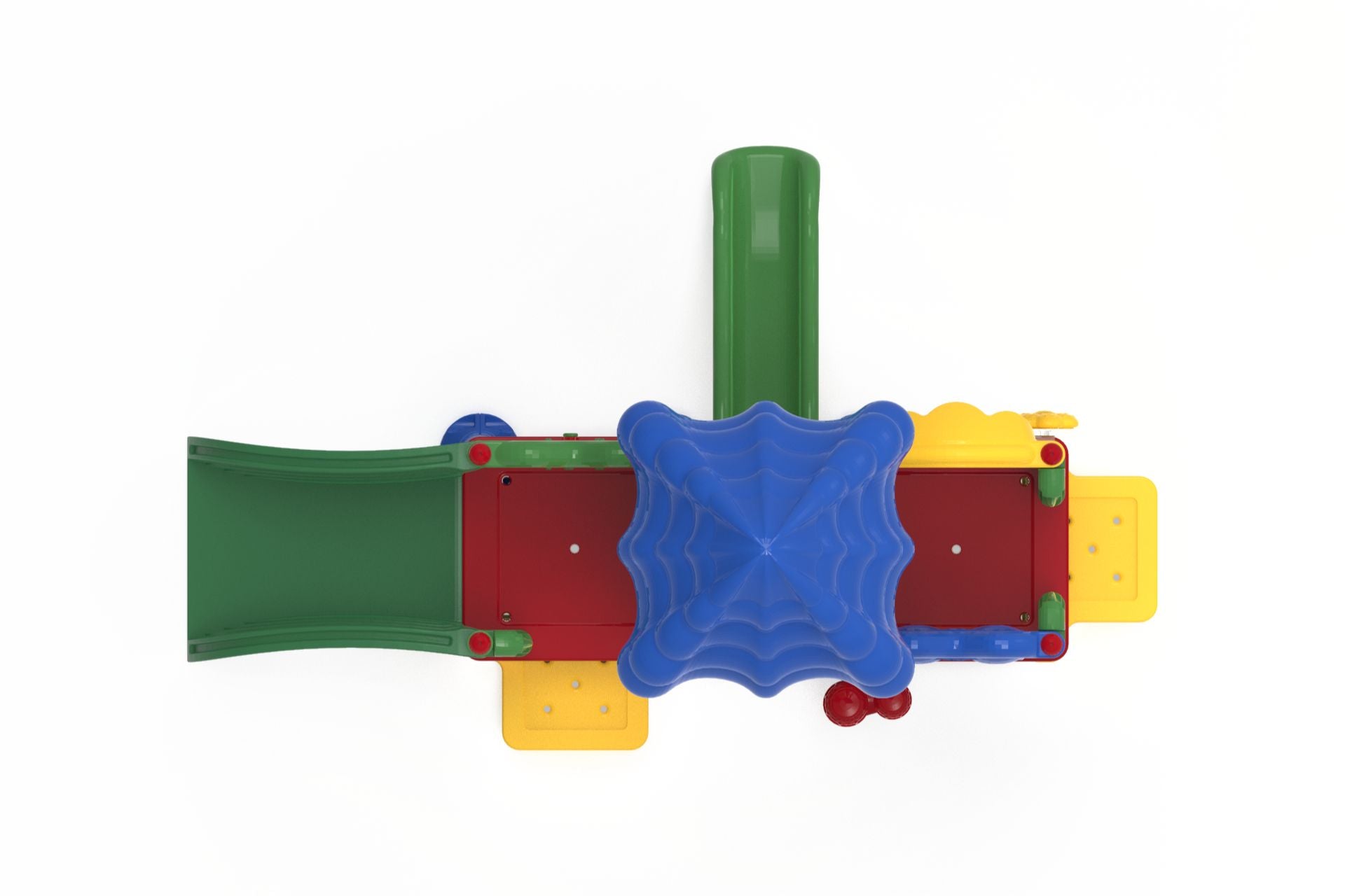 Overhead view of colorful toddler playground with slides, climbing ramp, interactive panels, and blue canopy roof