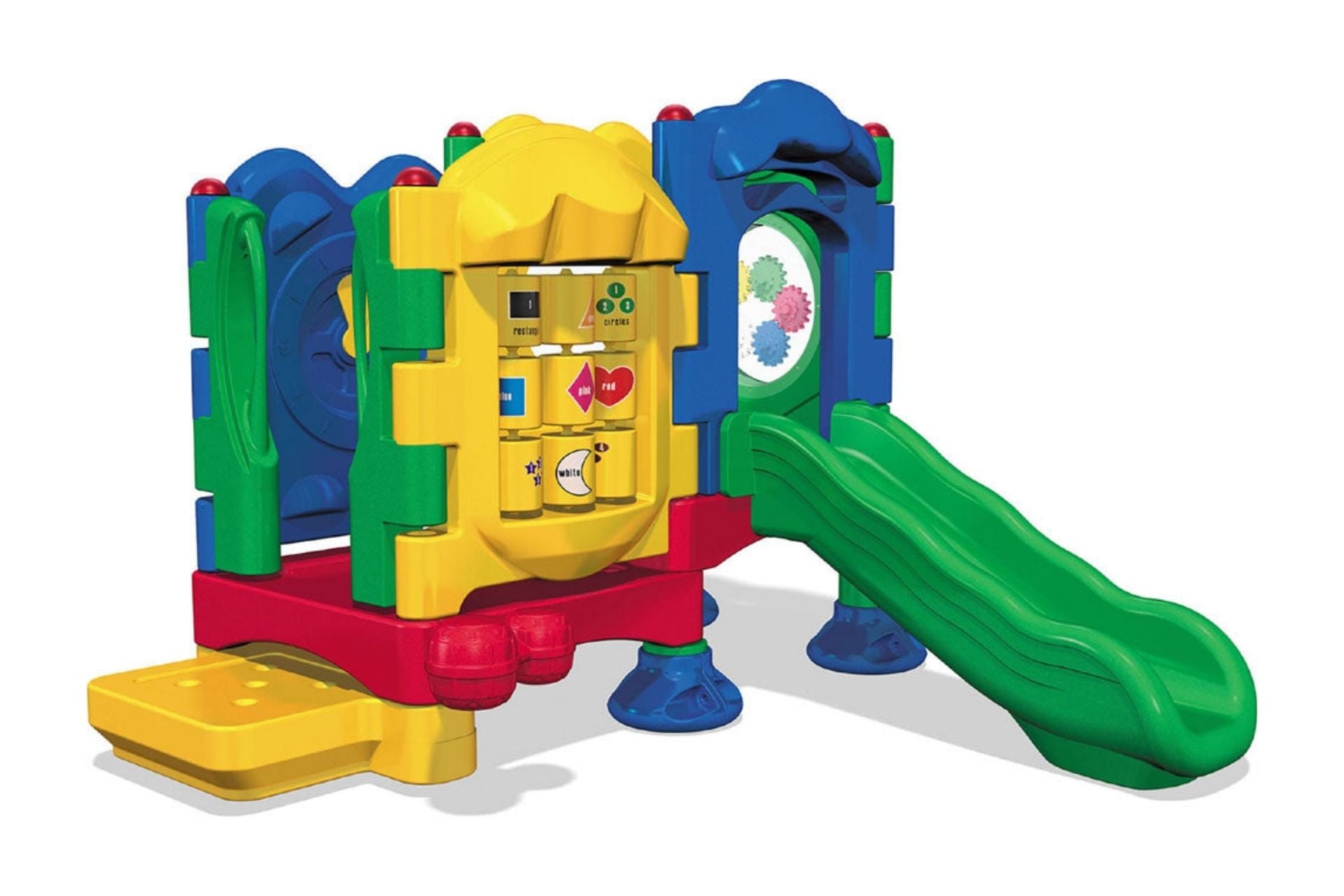 Discovery Center Seedling Playground Without Roof with colorful interactive panels, gear wheel, rain wheel, green slide, and handrails on blue legs