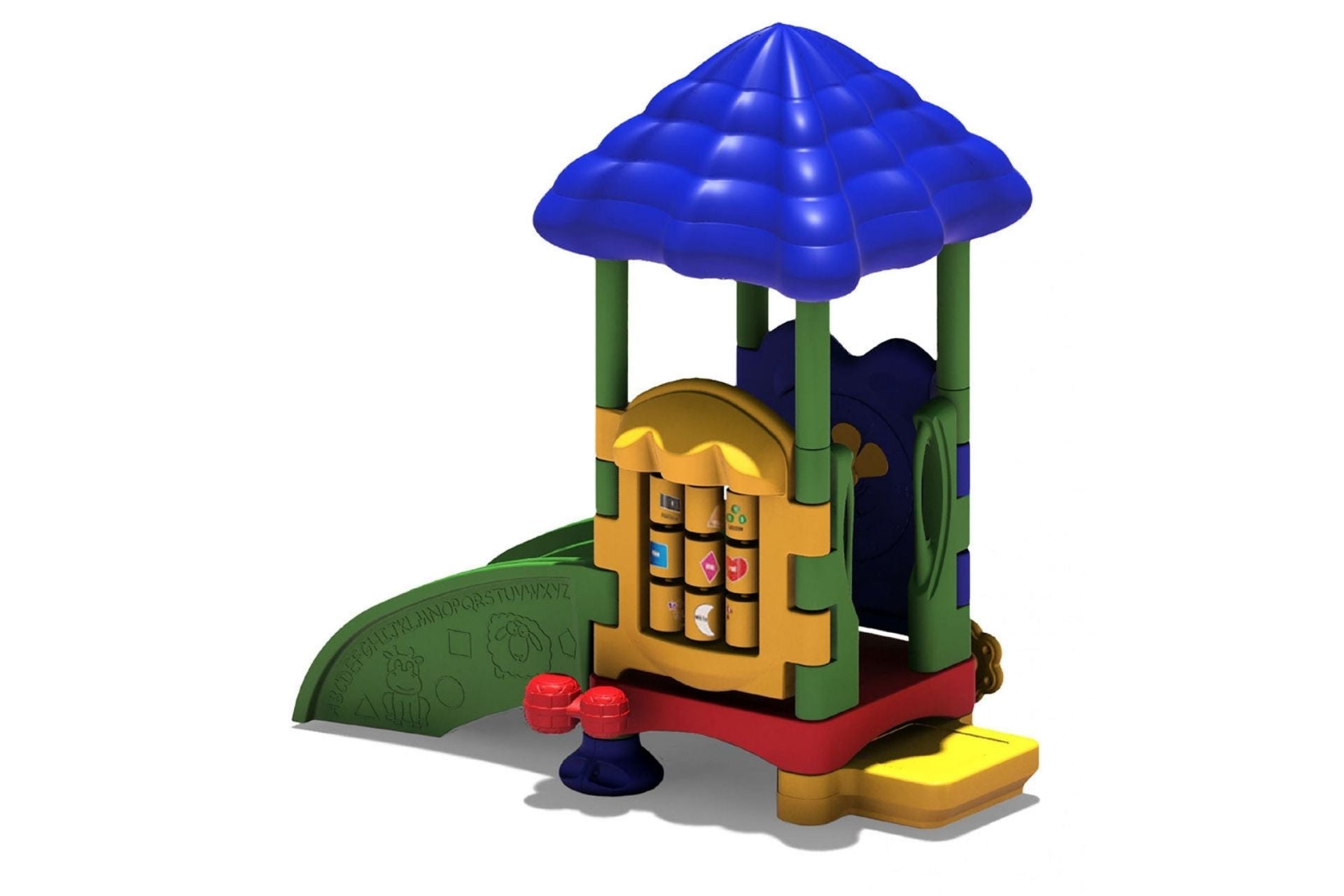 Colorful toddler playground with blue roof, green ramp featuring alphabet, animal shapes, and interactive play panels.