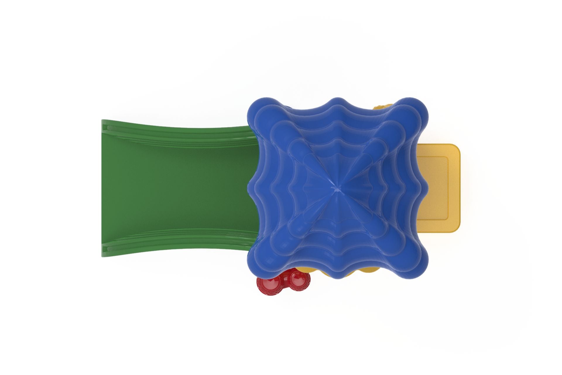 Overhead view of colorful toddler play structure with blue roof, green ramp, yellow platform, and interactive animal and shape panels
