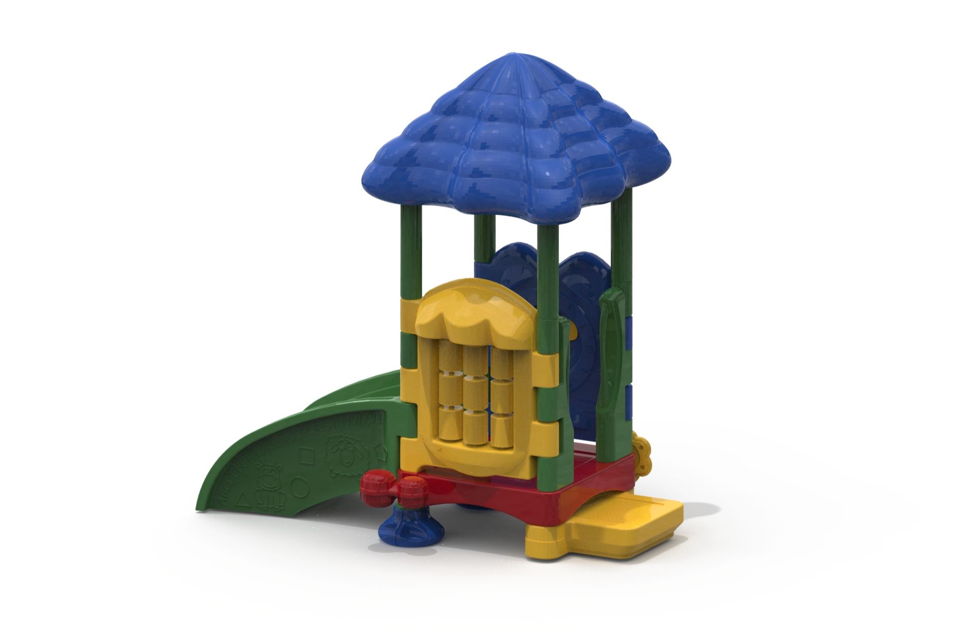 Colorful toddler play structure with blue roof, green slide, yellow activity panels featuring animals, shapes, ABCs, and numbers