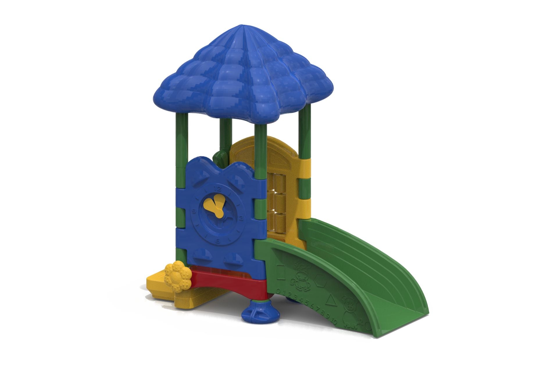 Colorful toddler play structure with blue roof, green slide, and interactive panels featuring animals, shapes, letters, and numbers