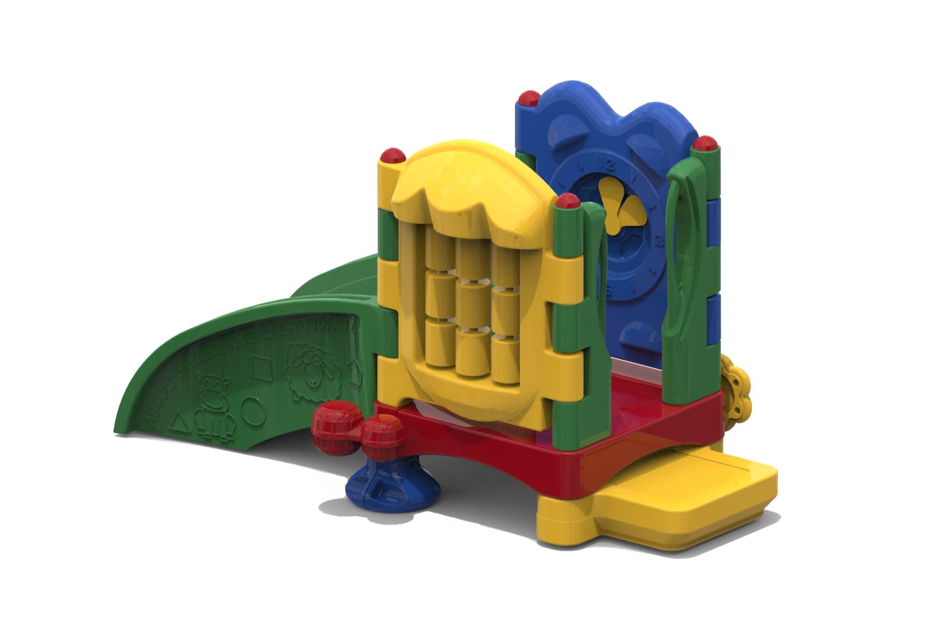 Colorful toddler playset with interactive panels featuring shapes, animals, ABCs, numbers, and a clock for early development.