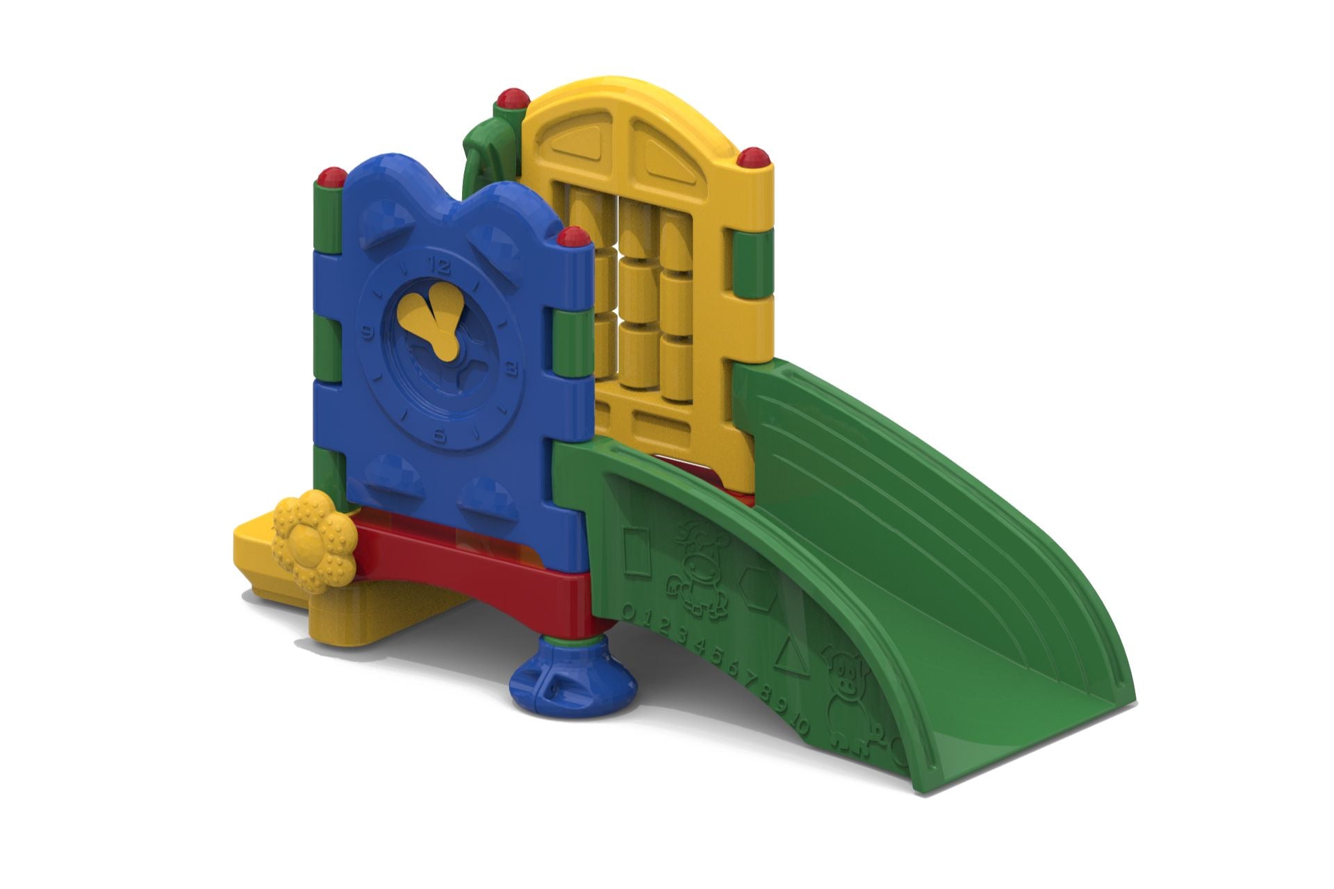Front view of the Discovery Center Super Sprout Playground Without Roof, showcasing its colorful panels and play ramp.