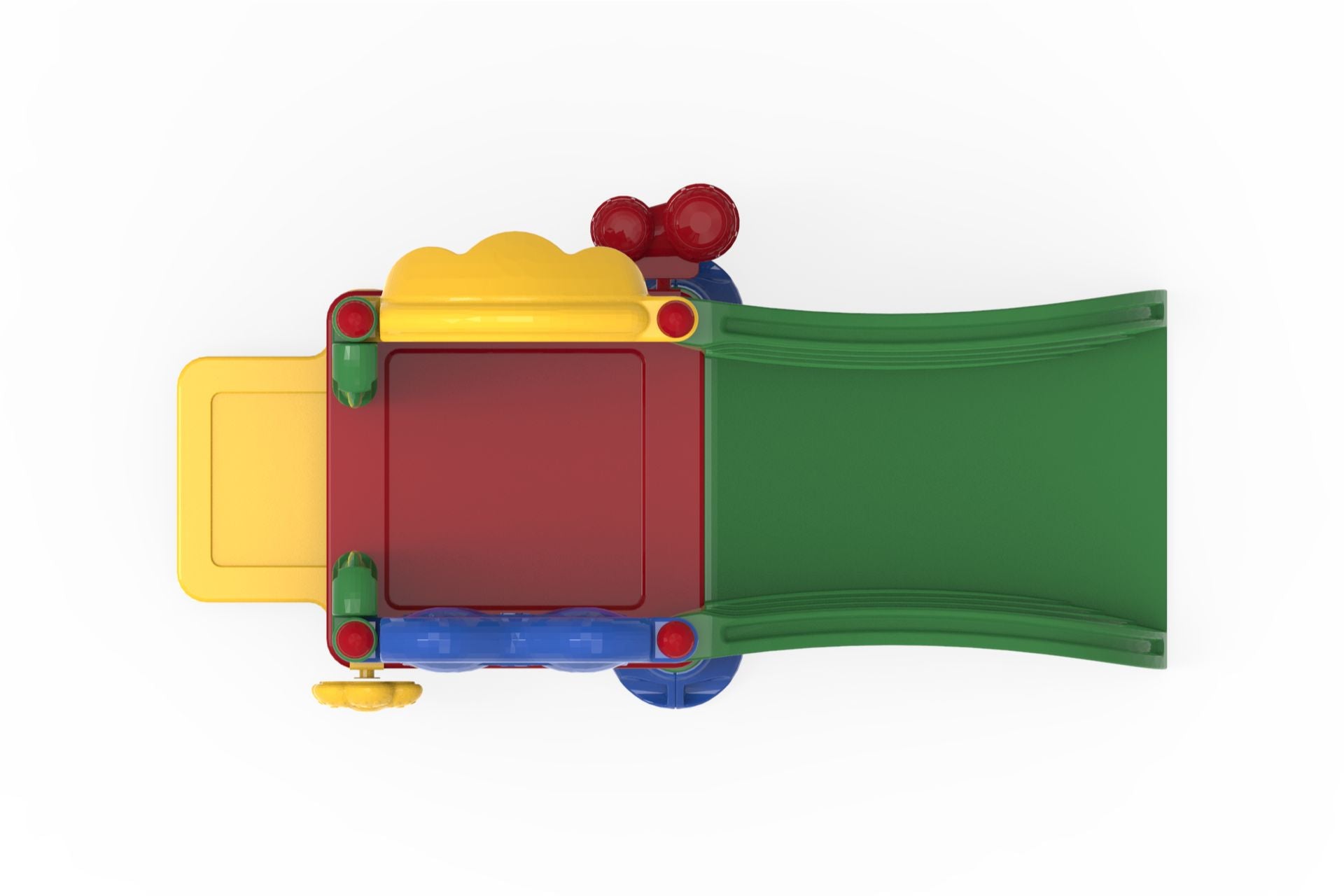 Overhead view of colorful toddler playset with green slide, red platform, and yellow panel featuring shapes and animal figures