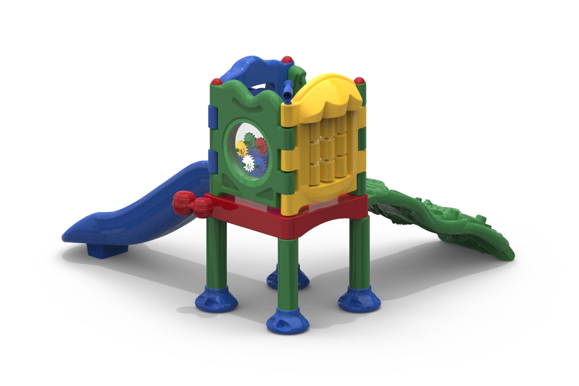 Colorful children's playground with slide, climbing ramp, gear panel, bongo drums, and animal-themed activity deck