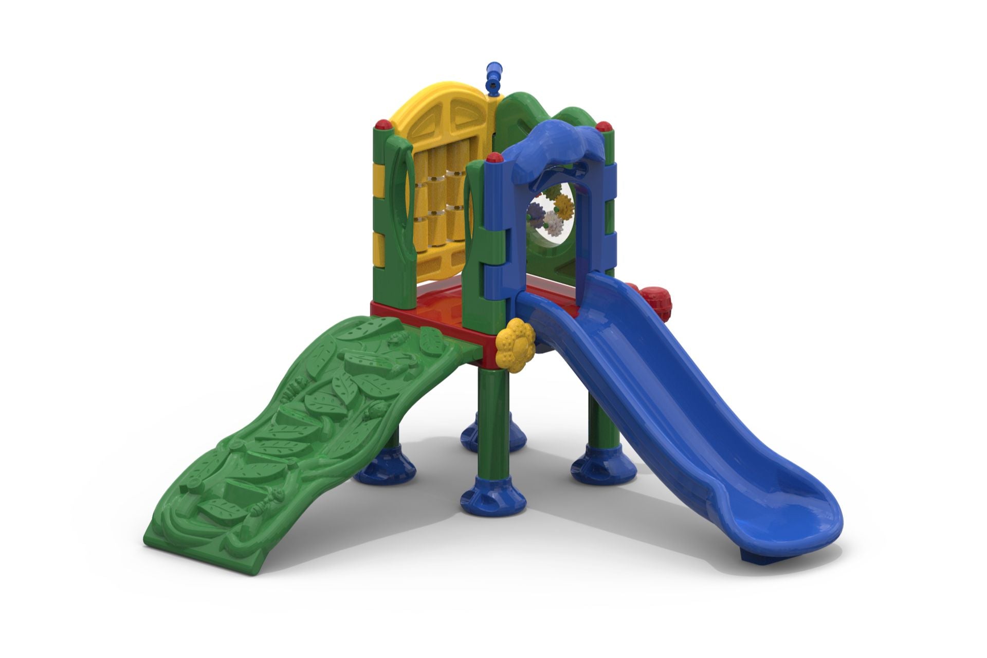 Front view of the UltraPlay Discovery Hilltop Playground featuring a slide and climbing ramp.