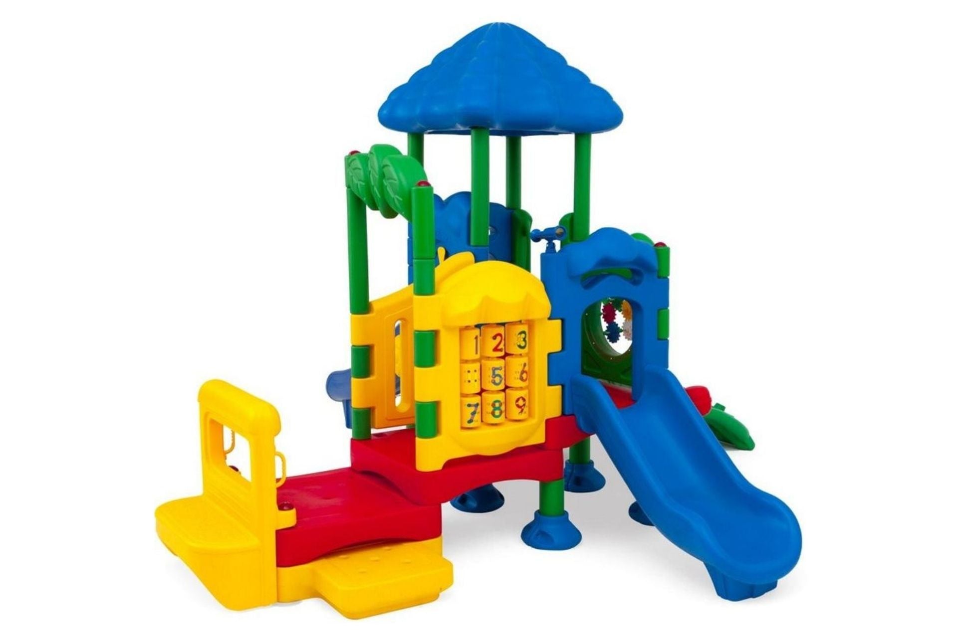 Colorful toddler playground with slide, climbing vine, activity panels, bongo drums, telescope, and blue canopy roof
