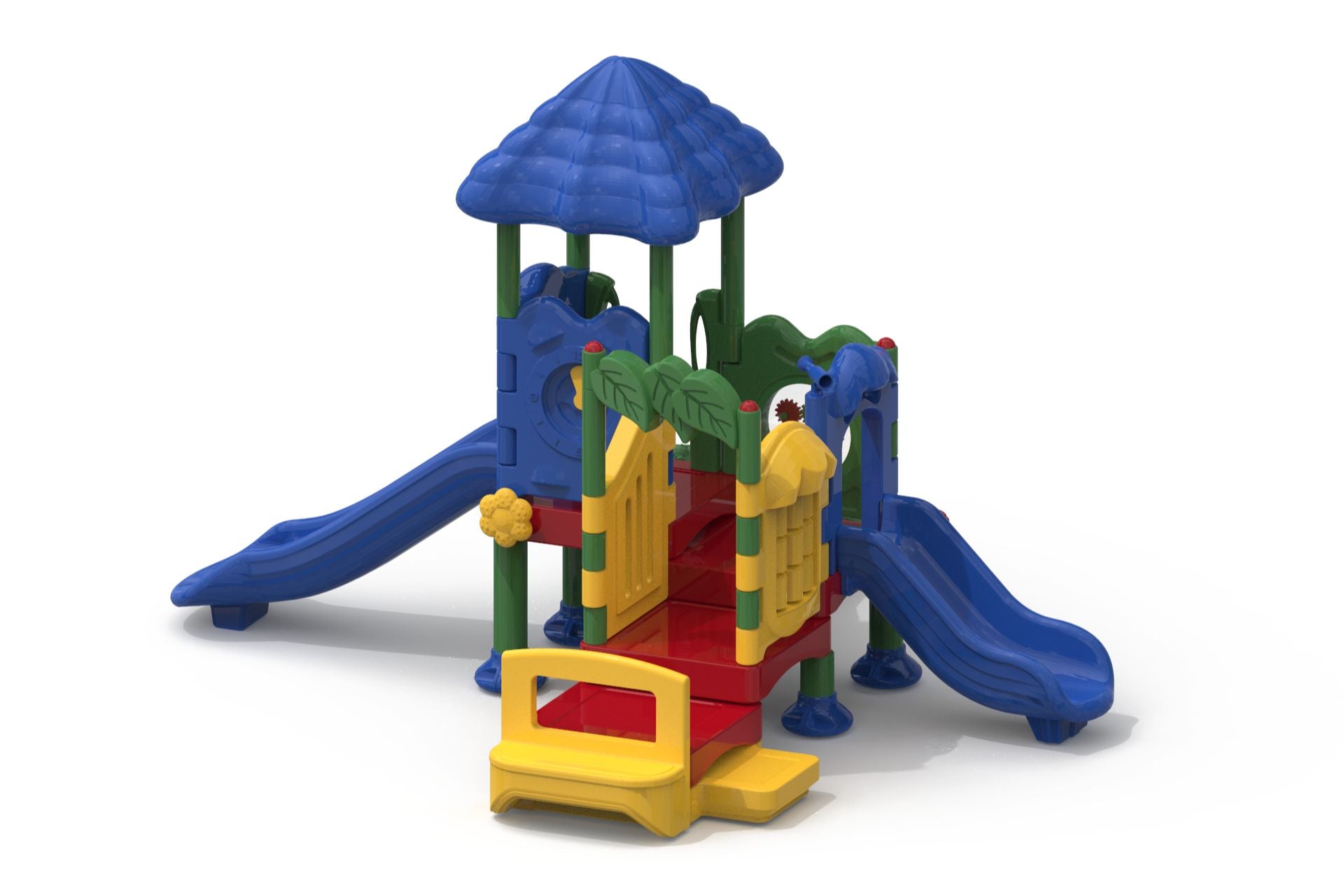 Colorful toddler playground with blue slides, green posts, yellow panels, blue canopy, and interactive play features
