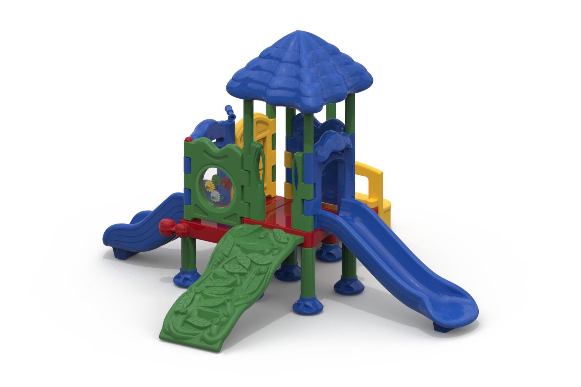 Discovery Mountain Playground with colorful slides, climbing wall, play panels, shaded roof, and interactive toddler features
